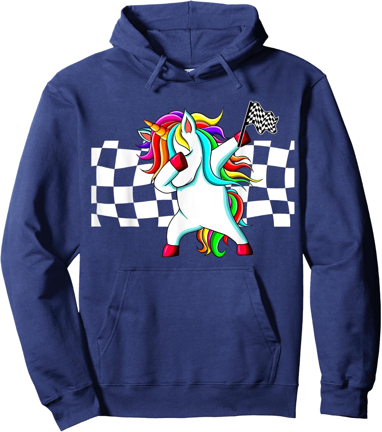 Racecar Racing Checker Flag Dabbing Unicorn Graphic Hoodie - Hoodie | Navy
