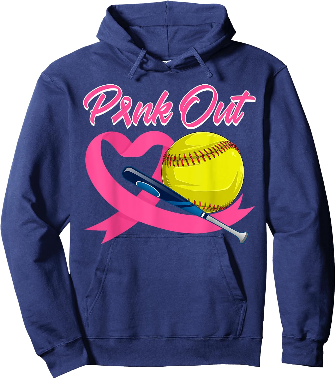 Pink Out Pink Ribbon Heart With Softball Ball Breast Cancer Hoodie - Hoodie | Navy