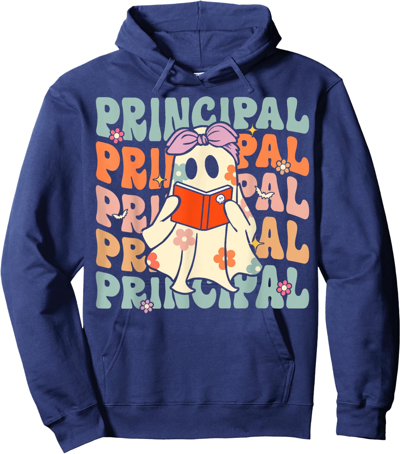 Groovy Halloween School Principal Retro Floral Ghost Hoodie - Hoodie | Navy