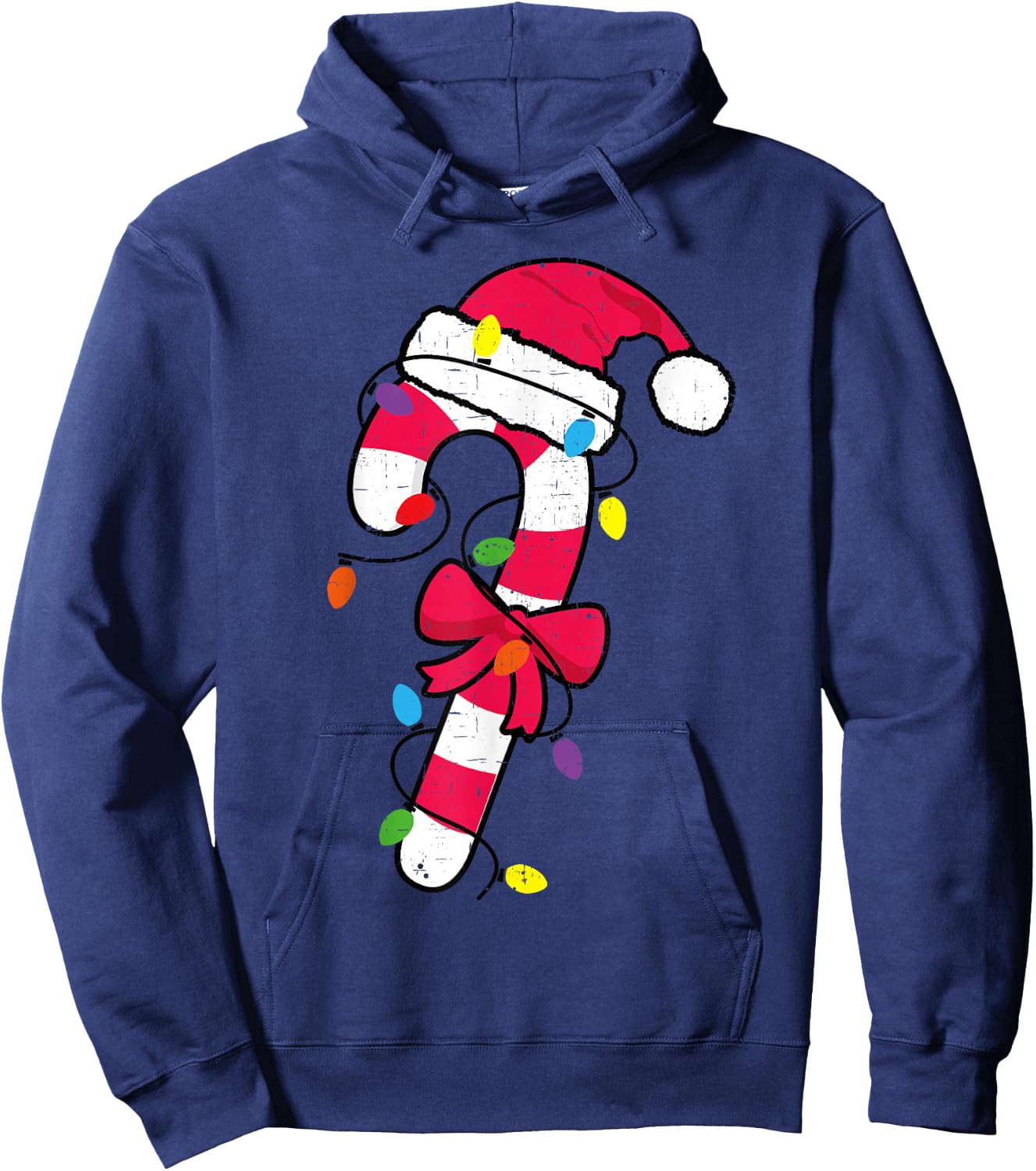 Cute Christmas Candy Cane Santa Hat and Christmas Lights Hoodie - Hoodie | Navy