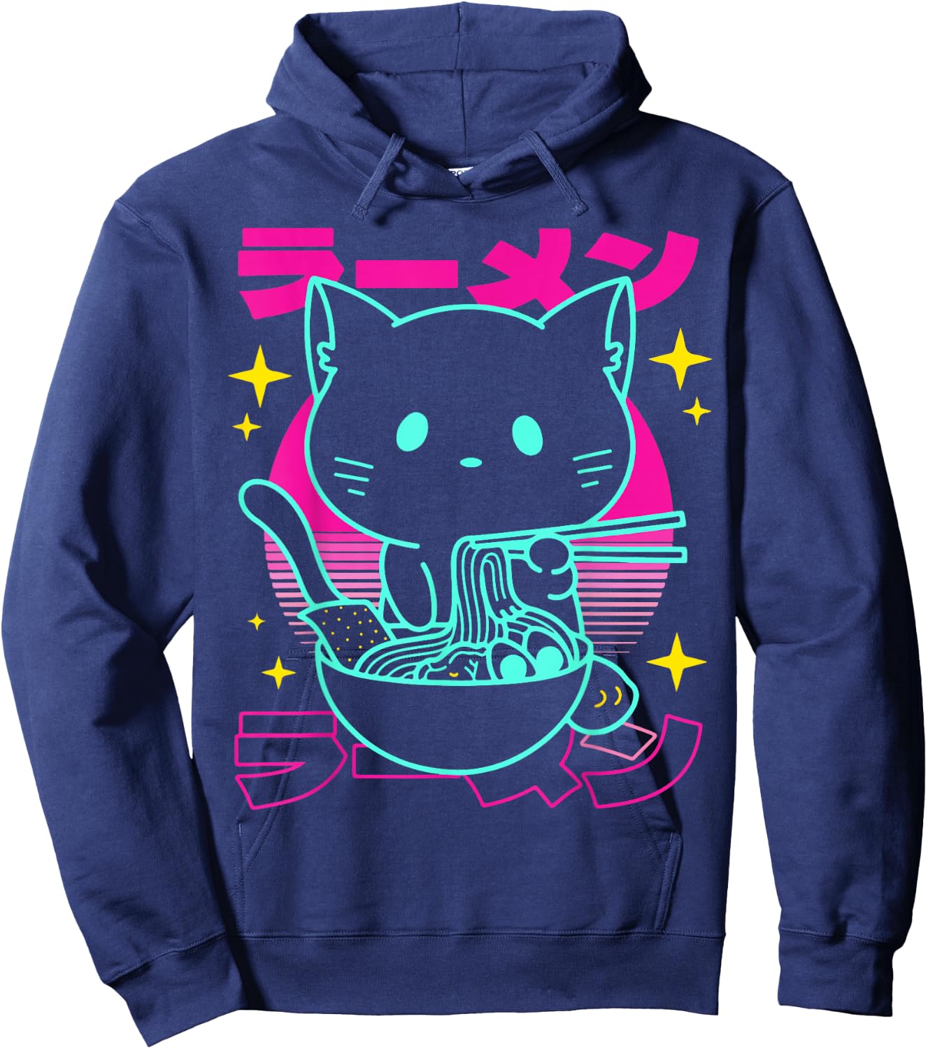 Anime Ramen Cat Retro Japanese Noodles Aesthetic Kawaii cat Hoodie - Hoodie | Navy