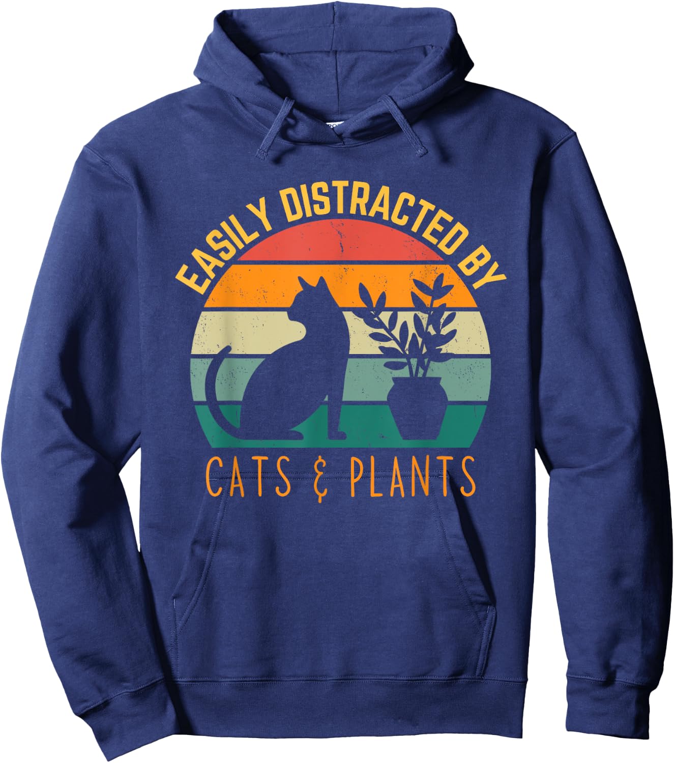 Easily Distracted By Plants & Cats Retro Pet Cat Plant Lover Hoodie - Hoodie | Navy