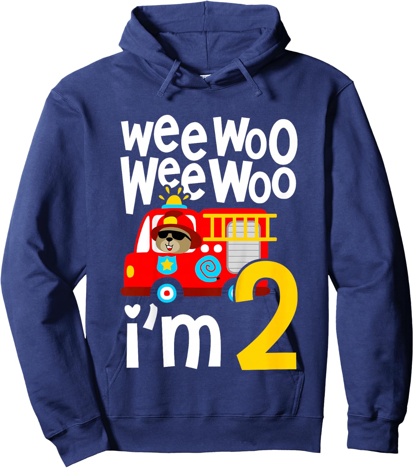 Kids Boys Birthday Wee Woo Wee Woo I'm 2 Red Fire Truck Hoodie - Hoodie | Navy