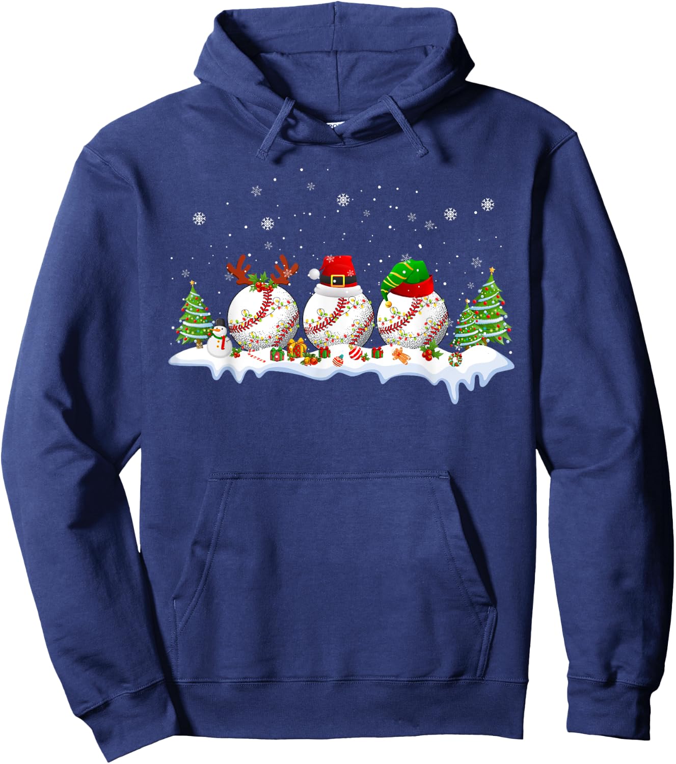 Santa Elf Reindeer Baseball Balls Xmas Tree Lights Christmas Hoodie - Hoodie | Navy
