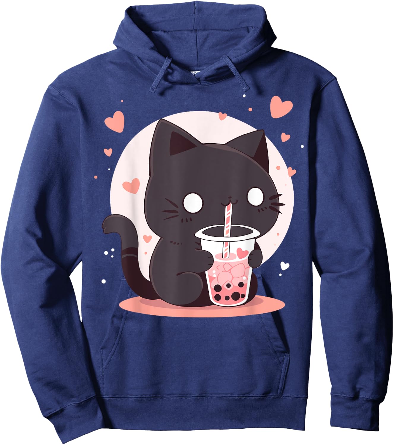 Kawaii Black Cat Boba Cute Japan Anime Bubble Tea Neko Teen Women Hoodie - Hoodie | Navy