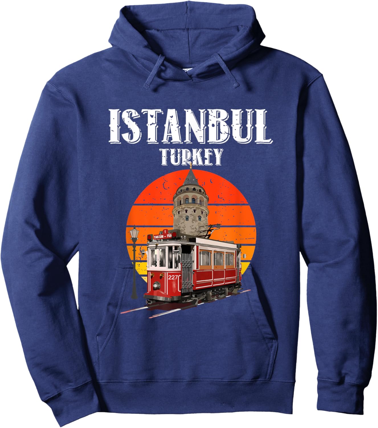 Vintage Sunset Istanbul Turkey Retro Tram And Galata Tower Hoodie - Hoodie | Navy