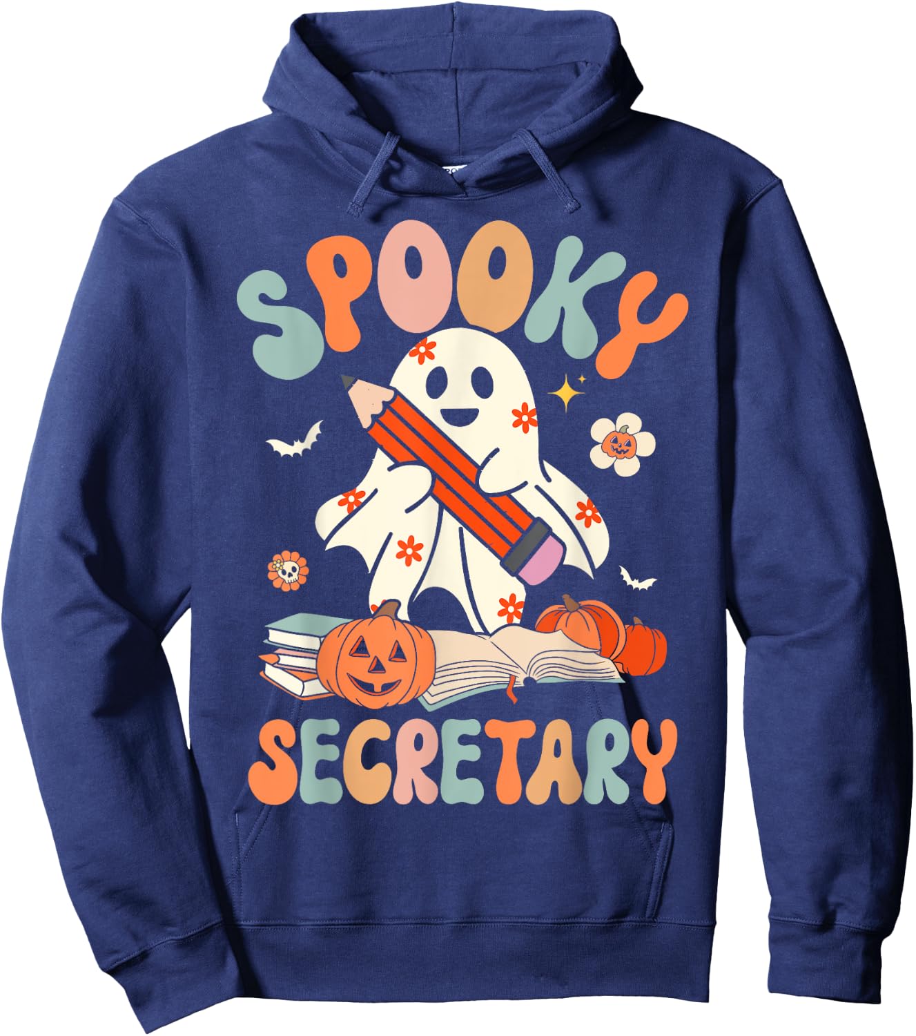 Spooky School Secretary Groovy Halloween Floral Ghost Hoodie - Hoodie | Navy