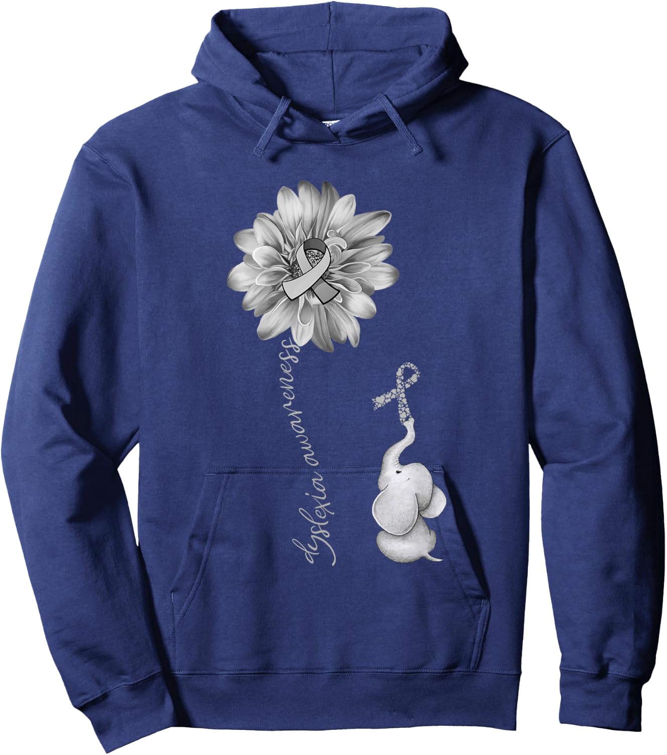 Elephant Sunflower Gray Ribbon Dyslexia Awareness Hoodie - Hoodie | Navy