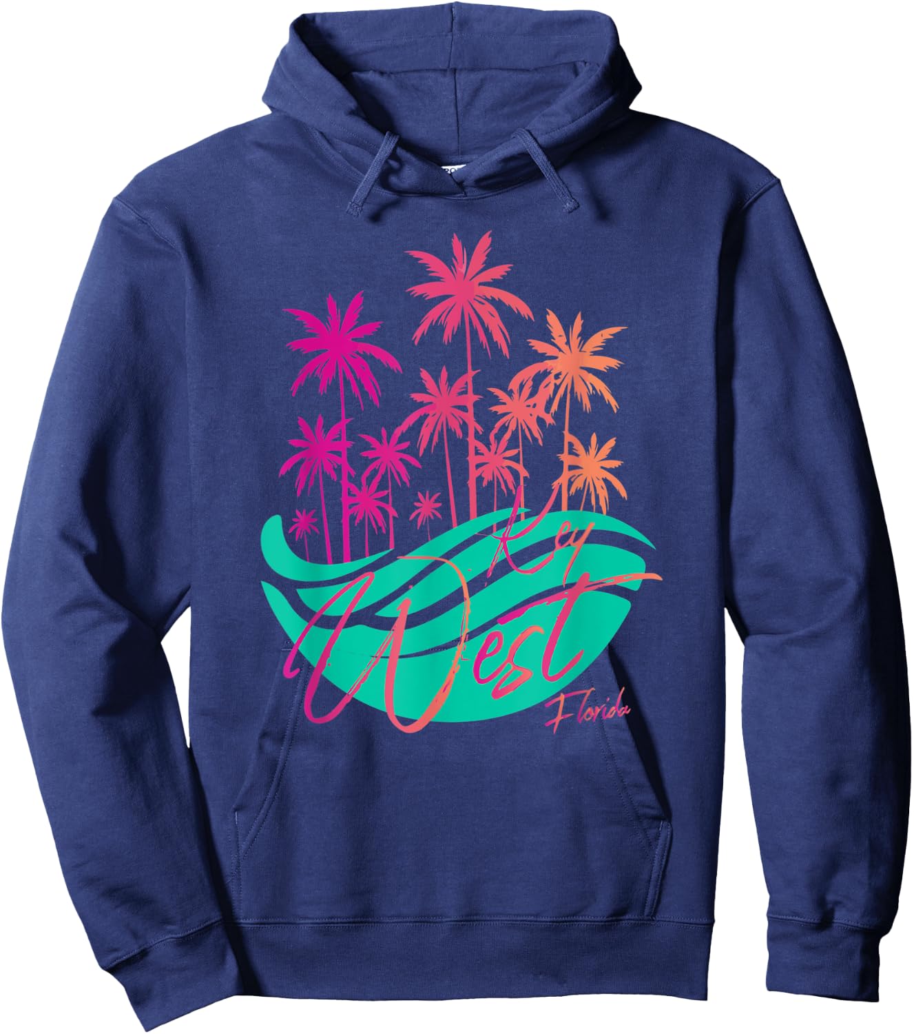 Retro Key West Florida Colorful Palm Trees And Ocean Waves Hoodie - Hoodie | Navy