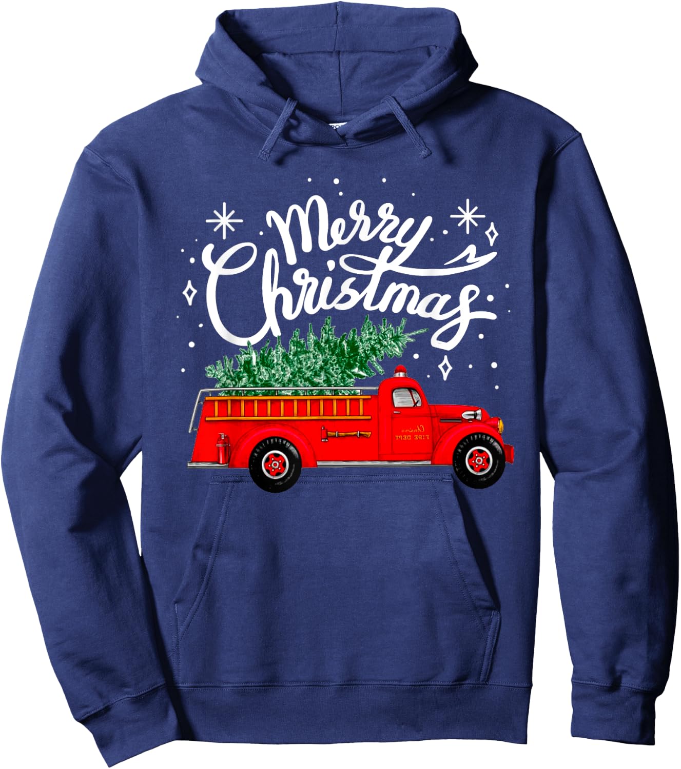 Funny Merry Christmas Fire Truck Xmas Tree Firefighter 2024 Hoodie - Hoodie | Navy