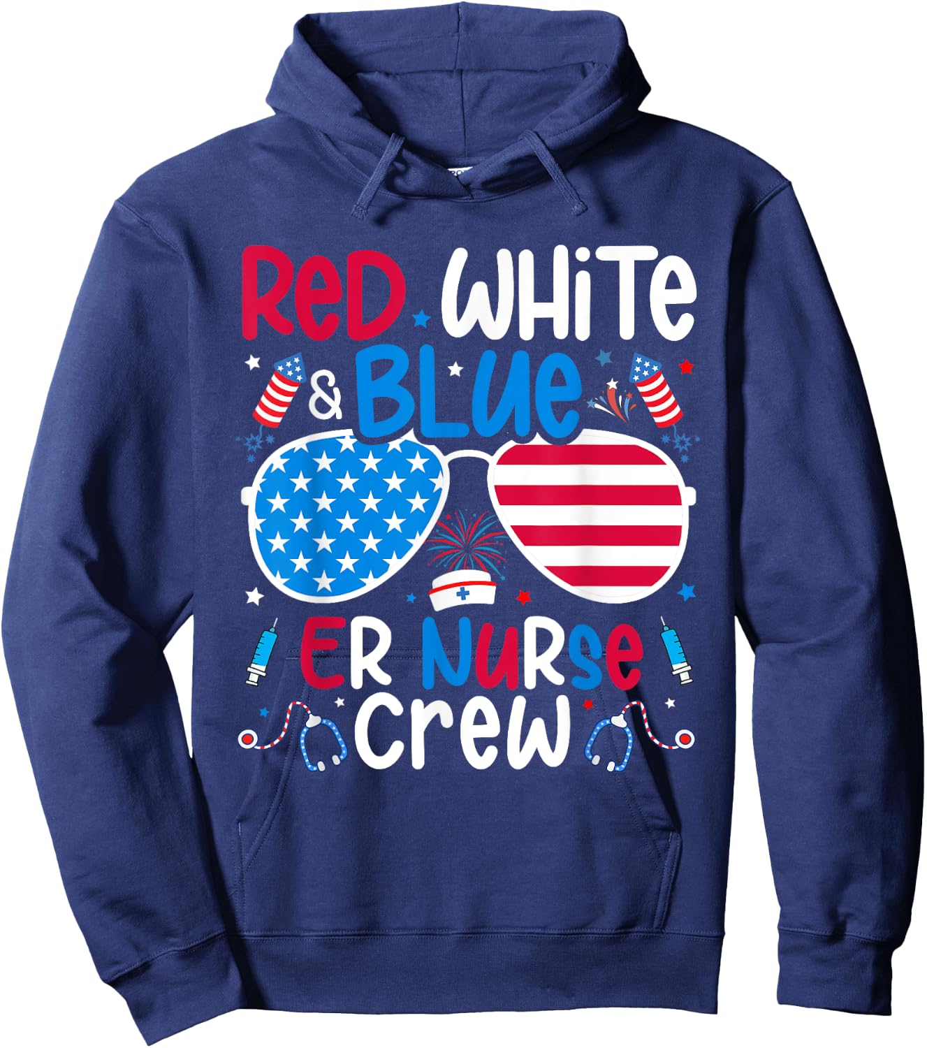 4th of July Red White Blue ER Nurse Crew Patriotic Nurse Hoodie - Hoodie | Navy