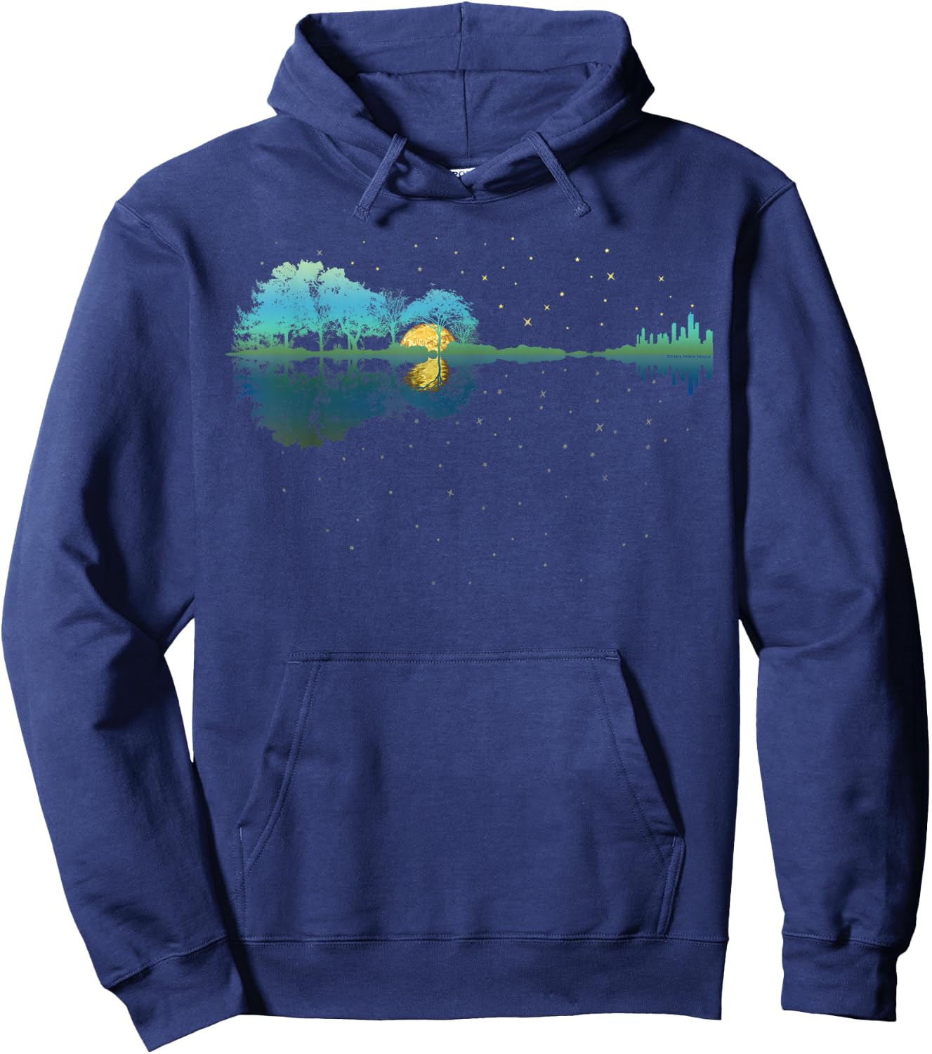 Guitar Lake Reflections Night Sky and Moon Guitar Hoodie - Hoodie | Navy