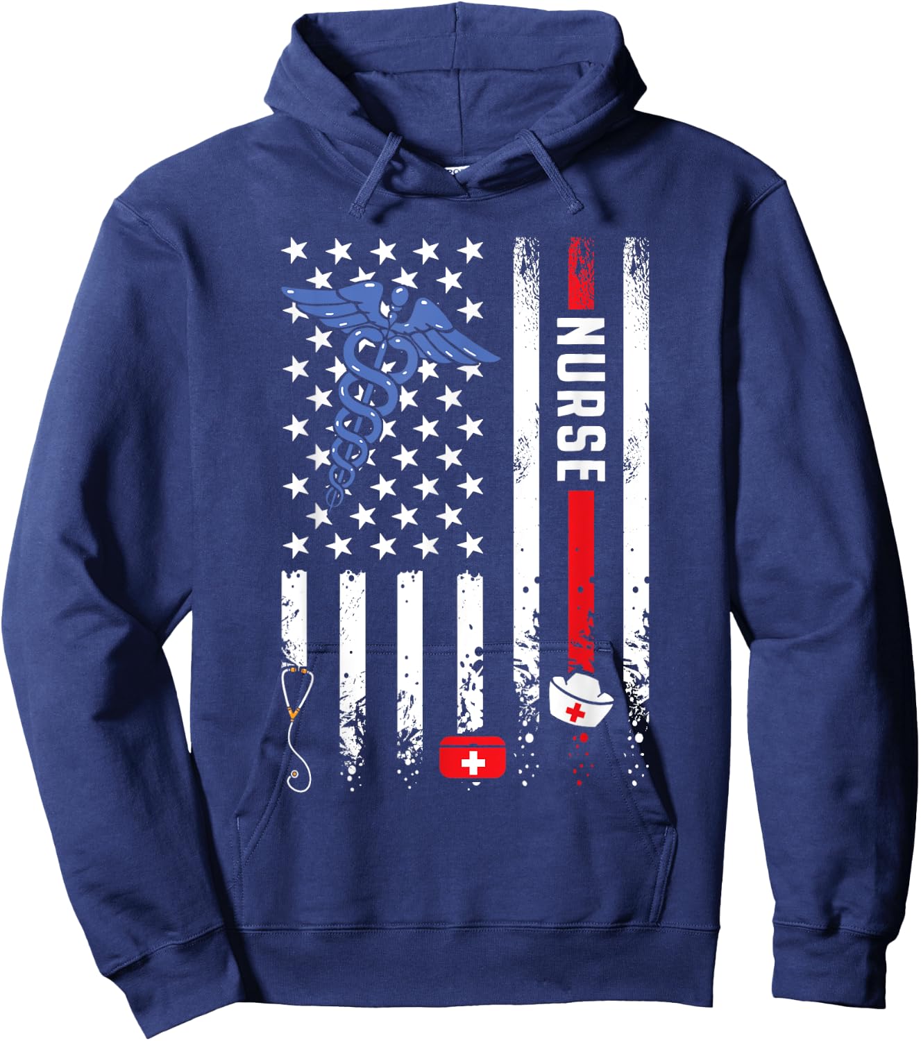 USA American Flag Vintage Nurse Nursing 4th of July Women Hoodie - Hoodie | Navy