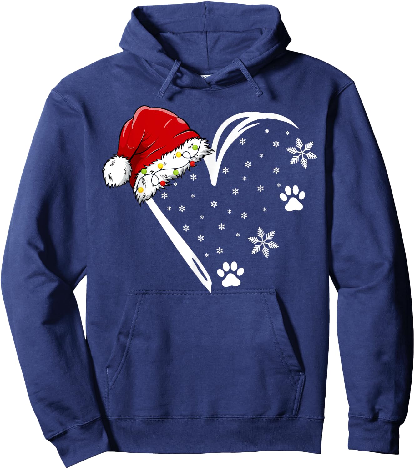 Dog Paw Print Heart Santa Hat Christmas Lights Animal Lover Women Kids Hoodie - Hoodie | Navy