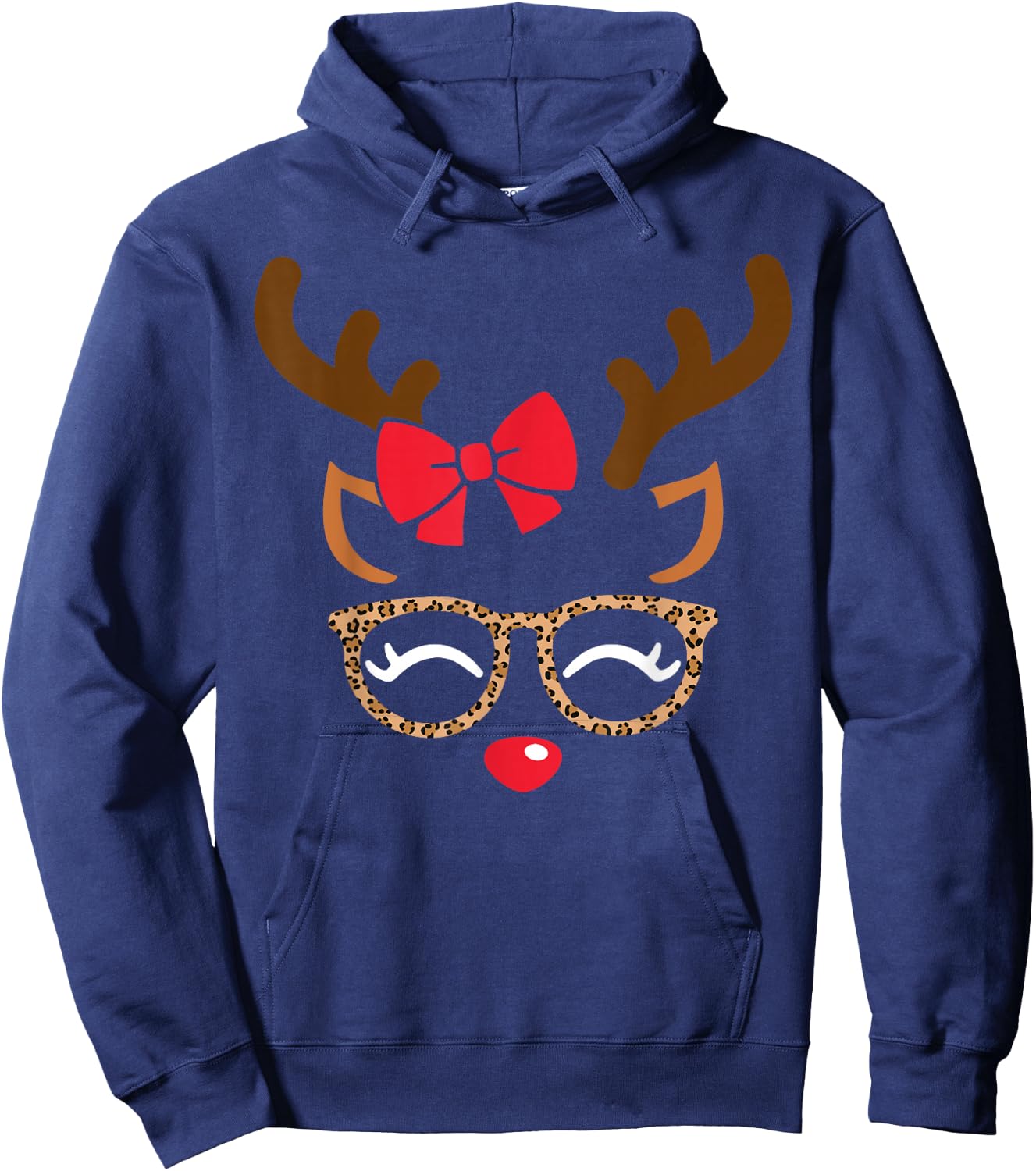 Reindeer Face Bow Leopard Glasses Christmas Girls Pajama Hoodie - Hoodie | Navy