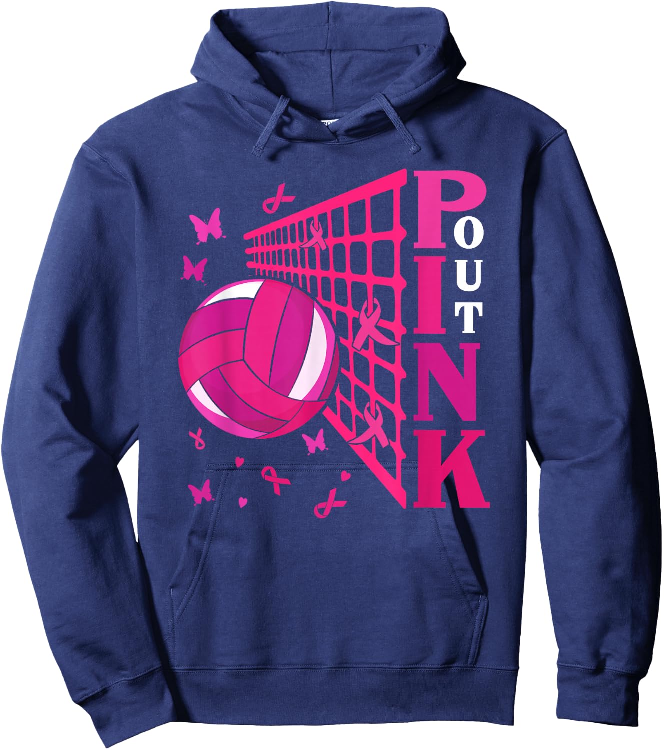 Cute Pink Out Volleyball Breast Cancer Awareness Pink Ribbon Hoodie - Hoodie | Navy