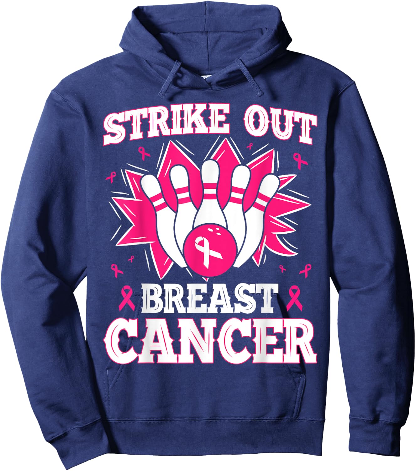Strike Out Bowling Pink Ribbon Breast Cancer Awareness Hoodie - Hoodie | Navy