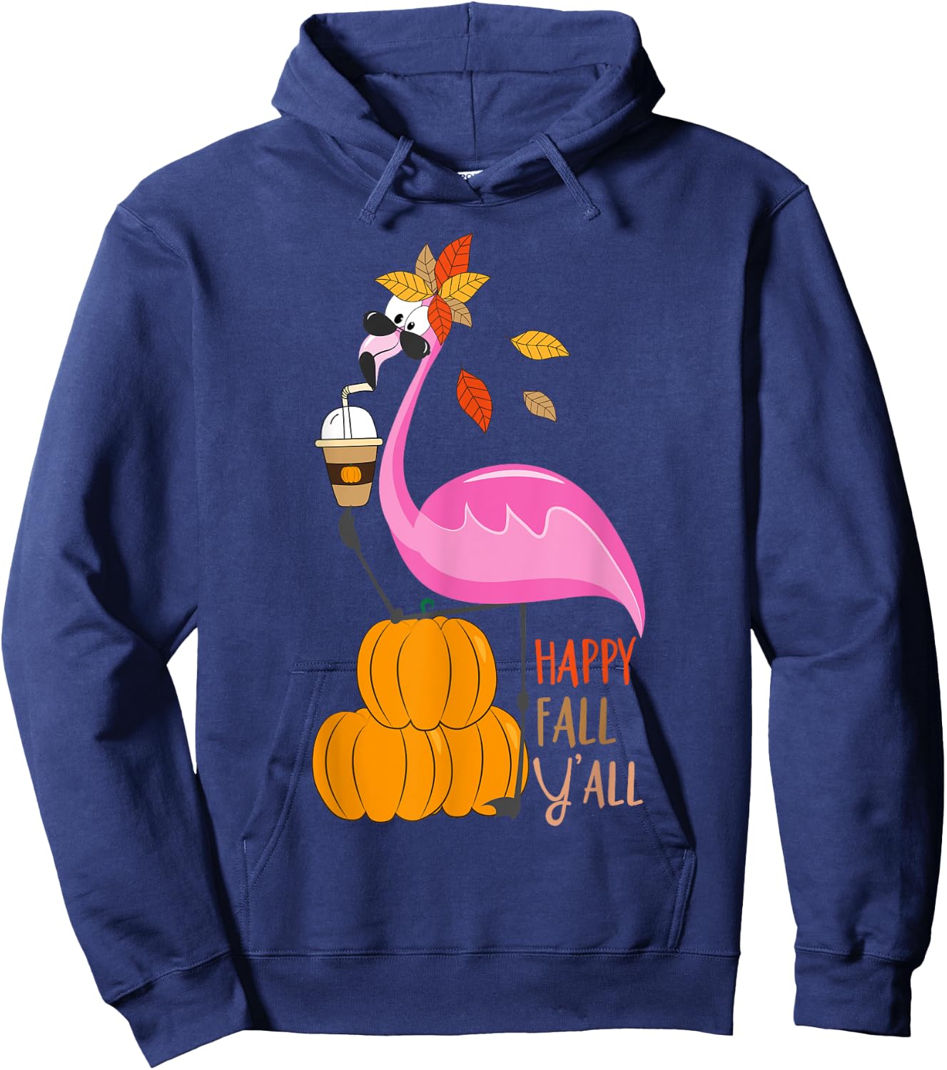 Happy Fall Y'all Pumpkin Flamingo Autumn Graphic Hoodie - Hoodie | Navy