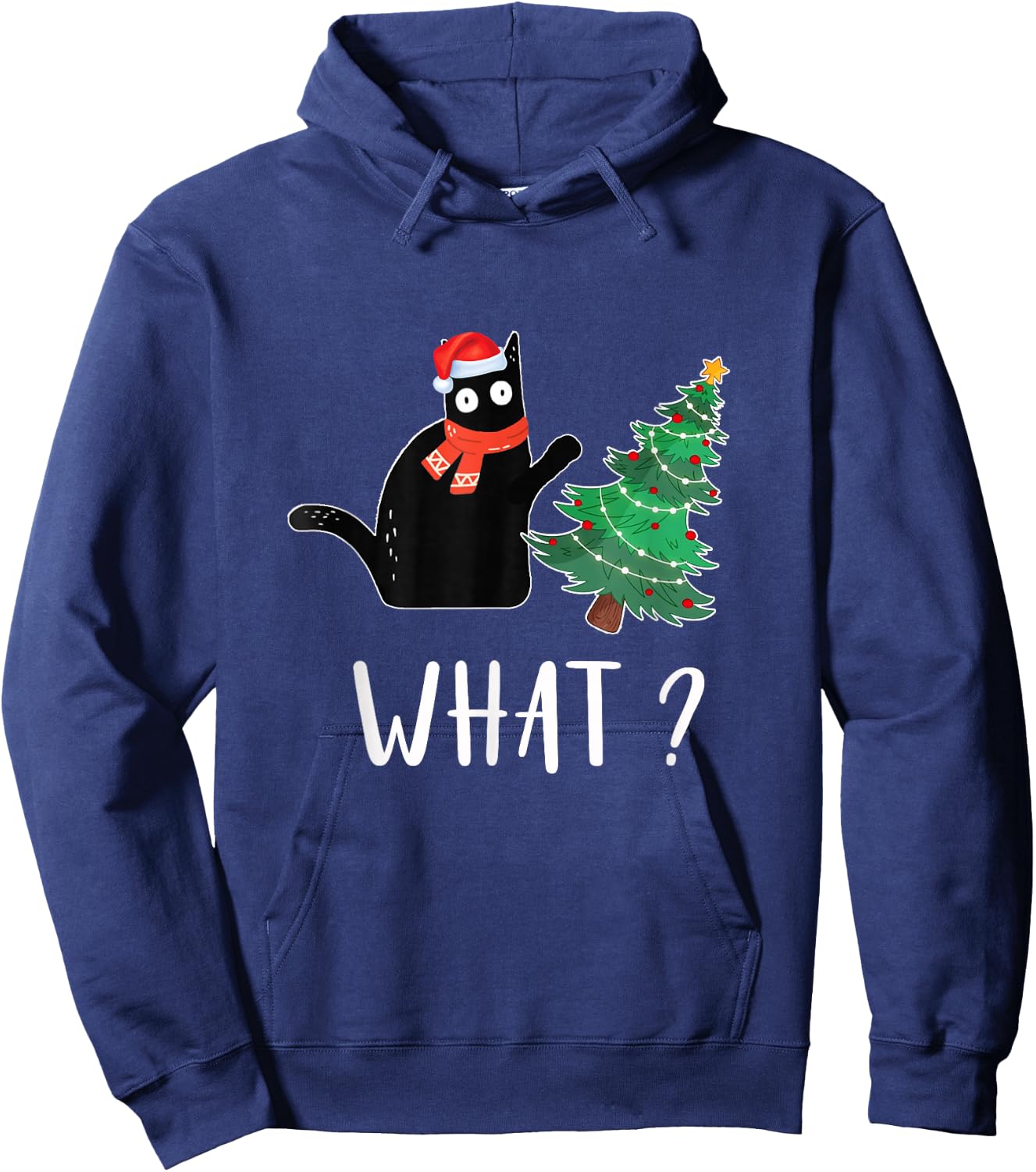 Funny Black Cat Pushing Christmas Tree Over Cat What Hoodie - Hoodie | Navy