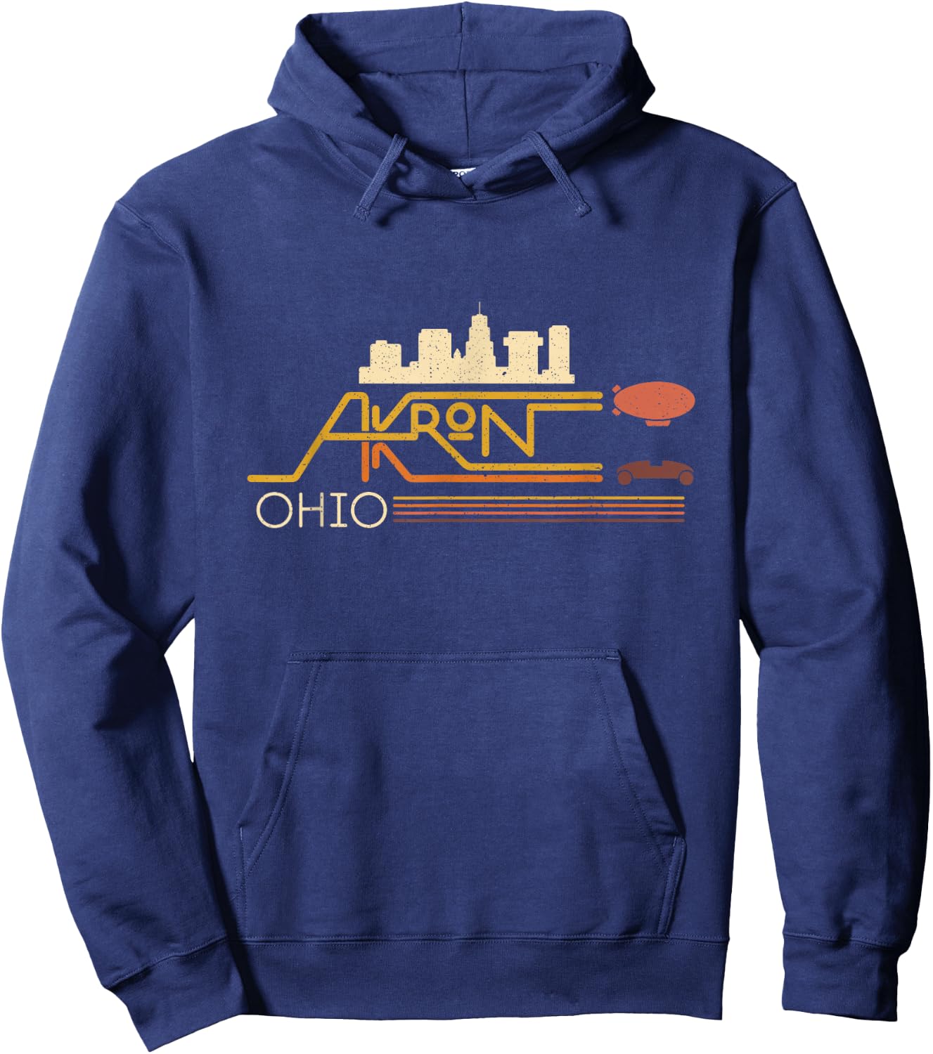 Vintage Akron Ohio Skyline With Akron Blimp On Retro Stripes Hoodie - Hoodie | Navy