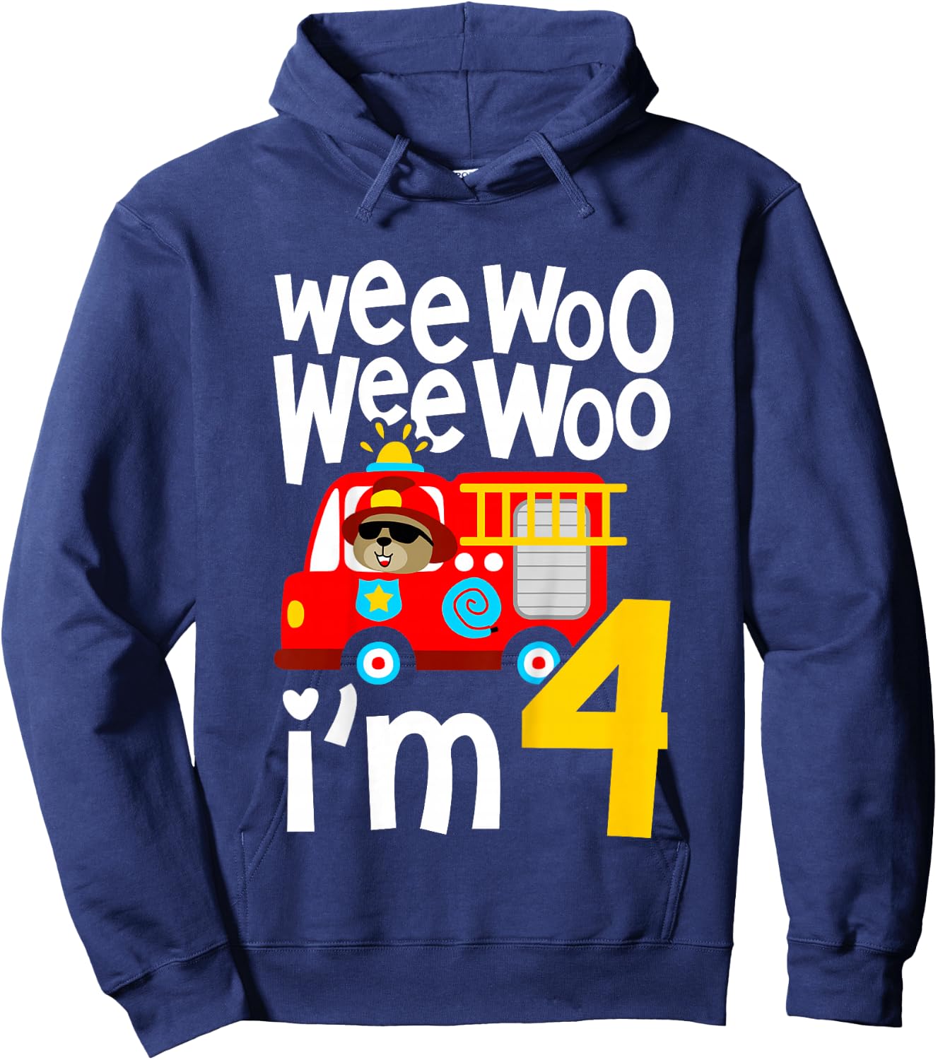 Kids Boys Birthday Wee Woo Wee Woo I'm 4 Red Fire Truck Hoodie - Hoodie | Navy