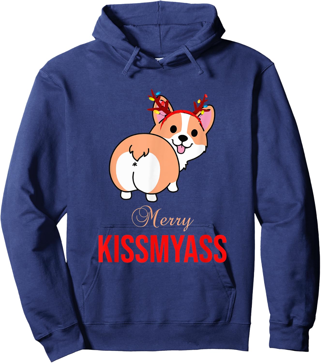 Merry Kissmyass Funny Christmas Reindeer Corgi Dog Lover Hoodie - Hoodie | Navy