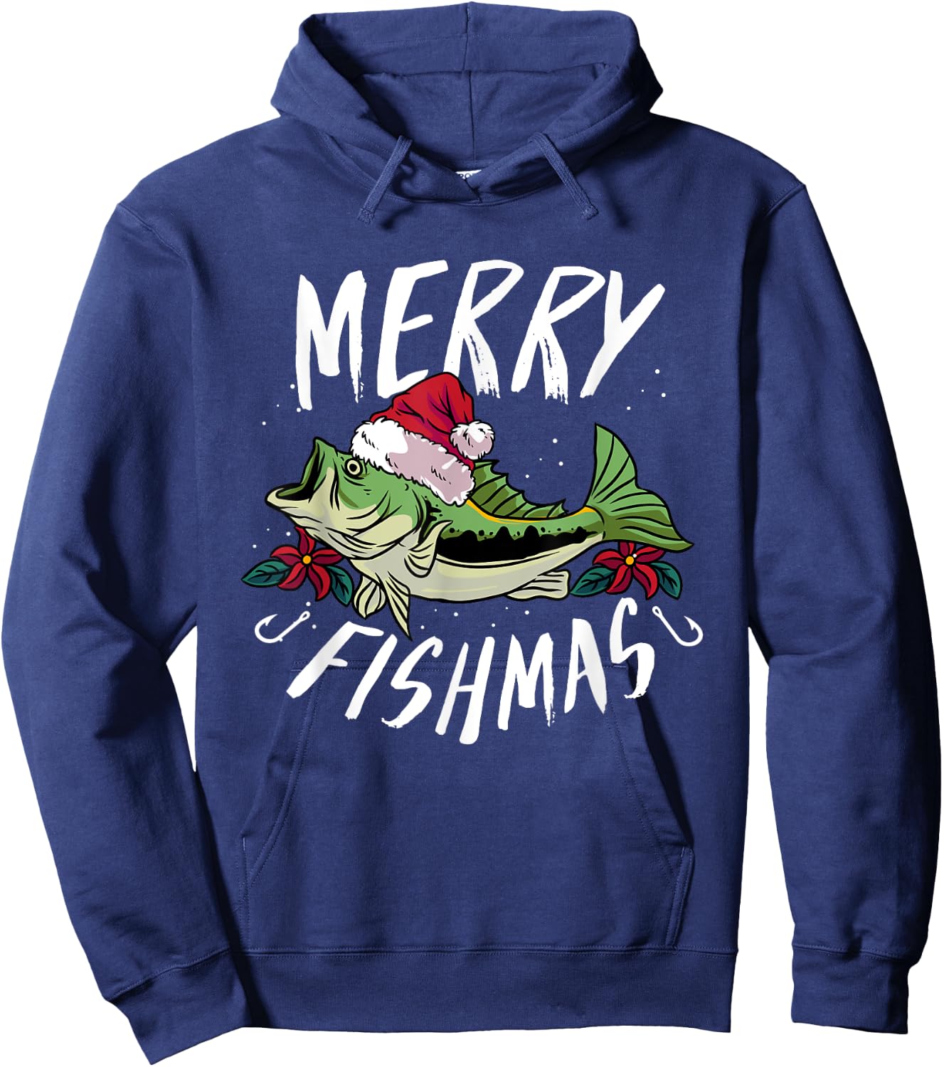 Funny Christmas Themed Bass Fishing design - Merry Fishmas Hoodie - Hoodie | Navy