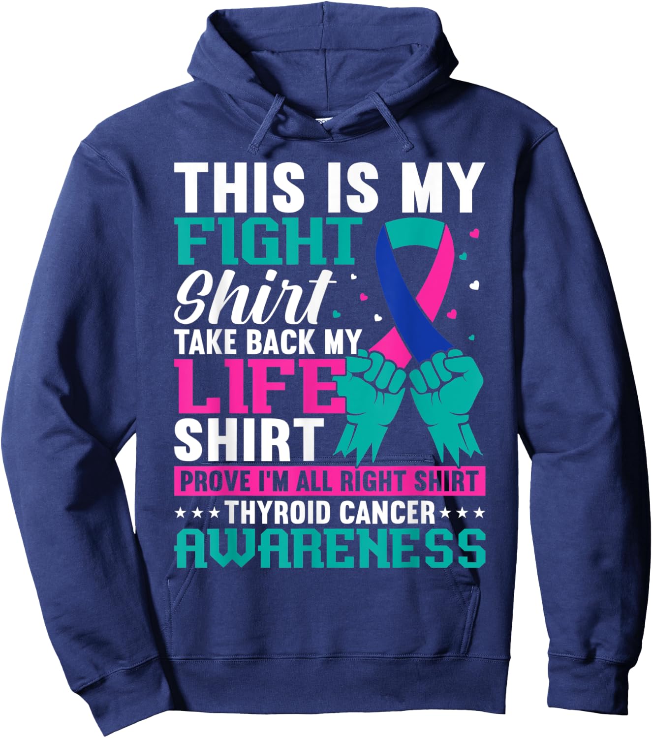 Thyroid Warrior Teal Purple Ribbon Thyroid Cancer Awareness Hoodie - Hoodie | Navy
