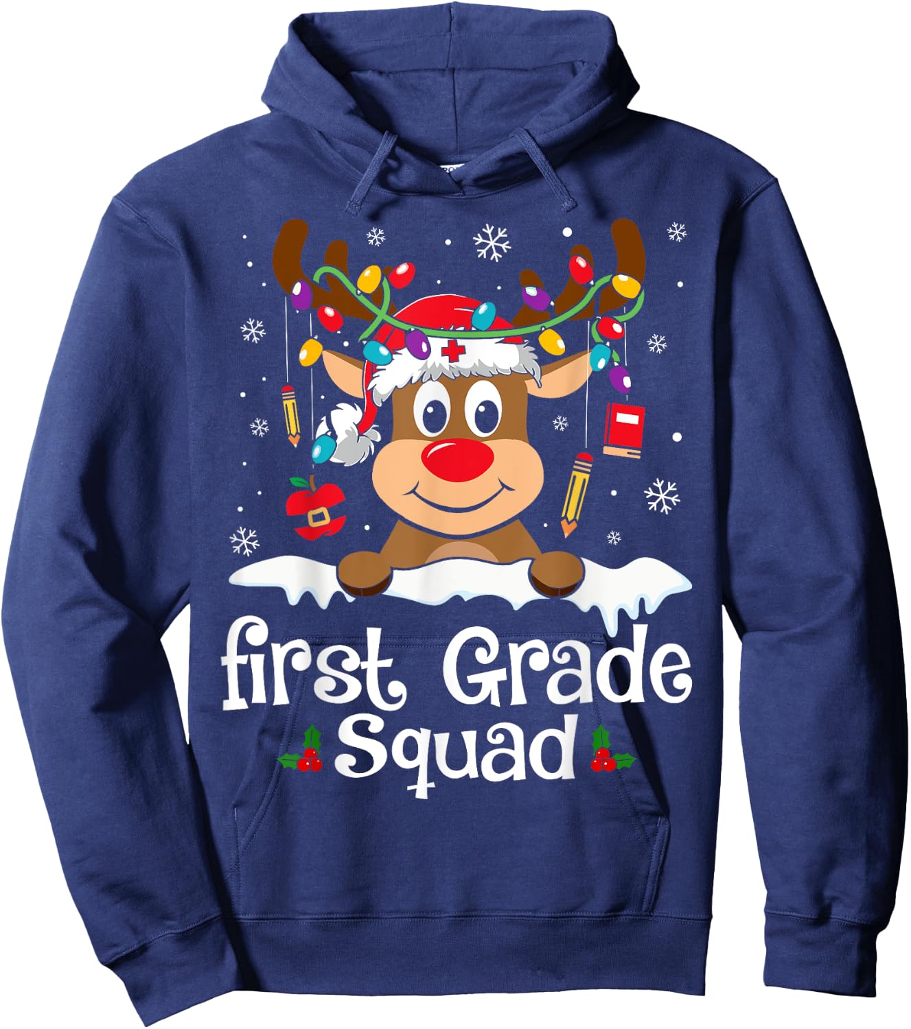 First Grade Teacher Squad Funny Reindeer Teacher Christmas Hoodie - Hoodie | Navy