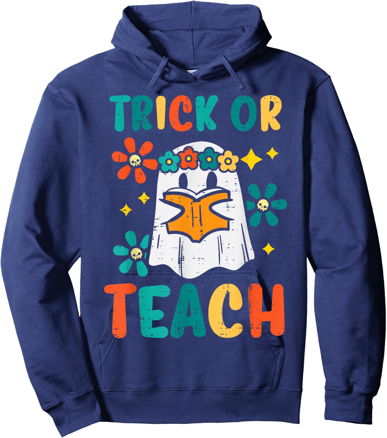 Ghost Books Trick Or Teach Retro Groovy Halloween Teacher Hoodie - Hoodie | Navy