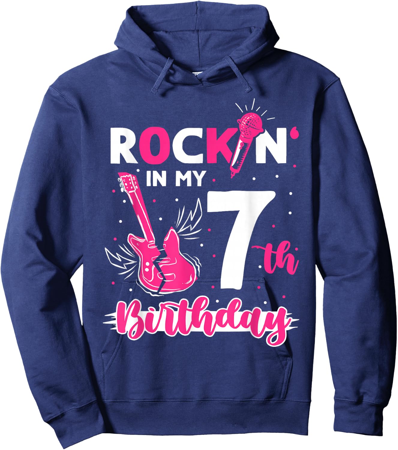 Girls Rockstar Birthday Rock Star Themed Guitar 7th Birthday Hoodie - Hoodie | Navy