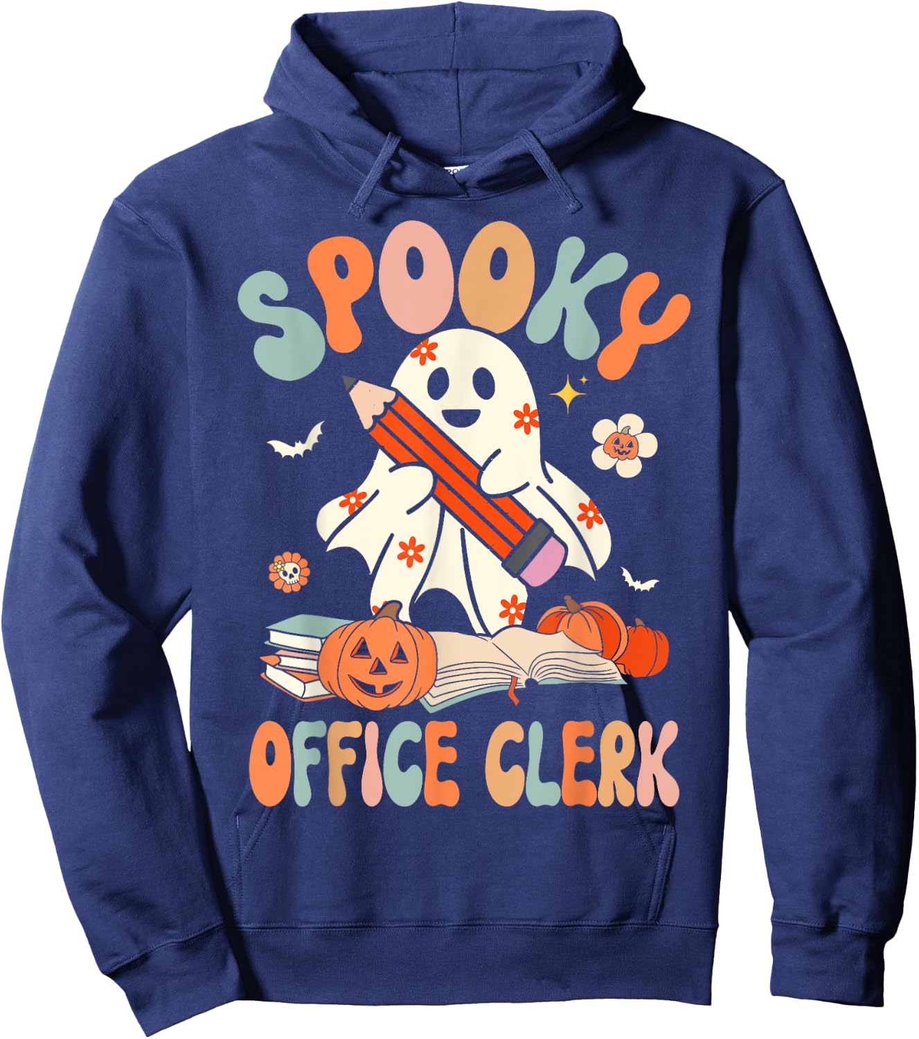 Groovy Halloween Spooky Office Clerk Retro Floral Ghost Hoodie - Hoodie | Navy