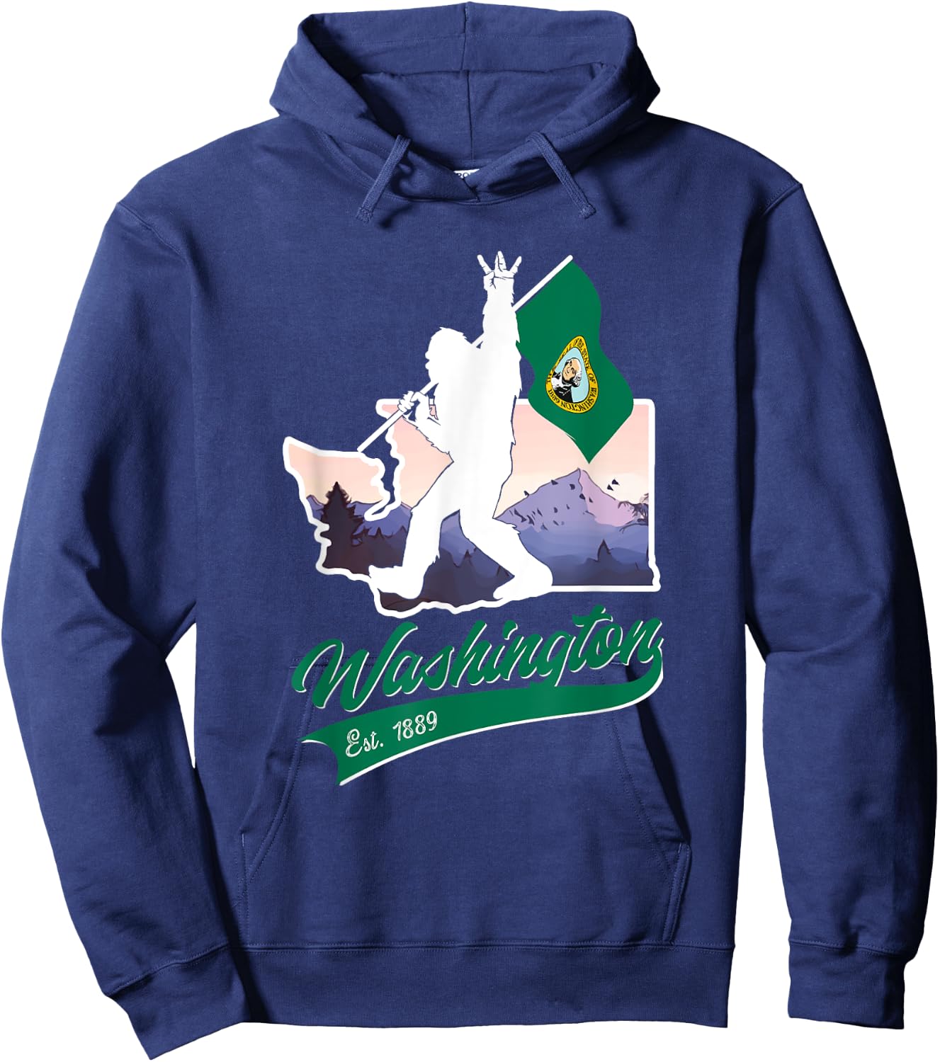 Bigfoot West Coast State of Washington Flag Souvenir Hoodie - Hoodie | Navy