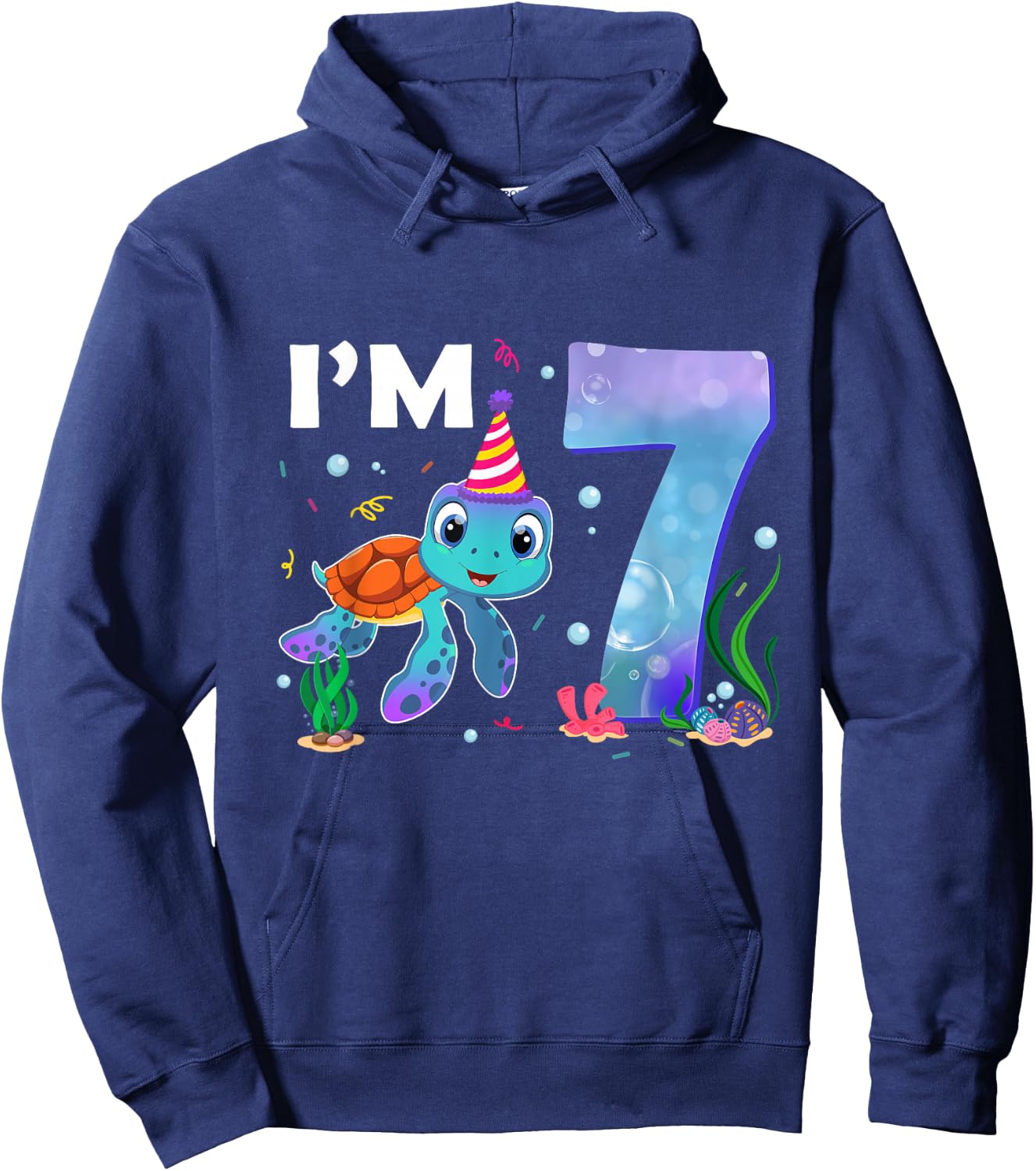 Sea Turtle Birthday I'm 7 Ocean Theme 7th Birthday Girl Hoodie - Hoodie | Navy