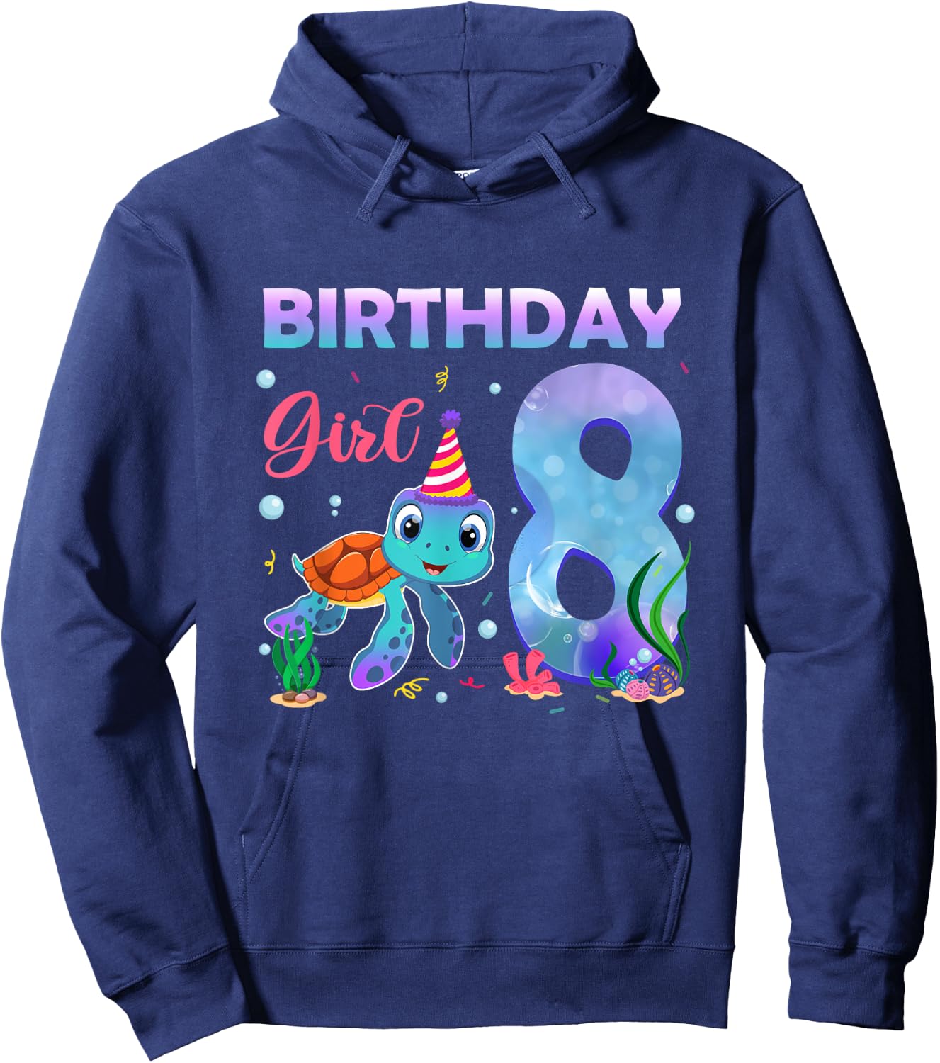 8th Birthday Girl Sea Turtle 8 Year Old Ocean Aquarium Girls Hoodie - Hoodie | Navy