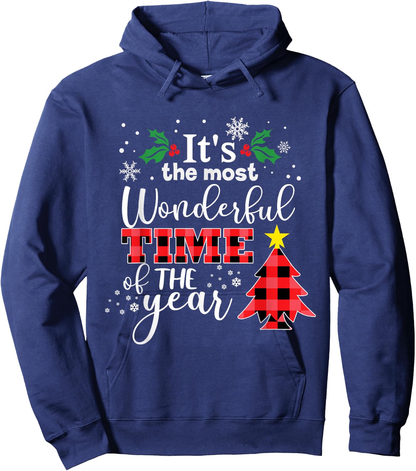 Christmas It's the Most Wonderful time of Year Buffalo Plaid Hoodie - Hoodie | Navy