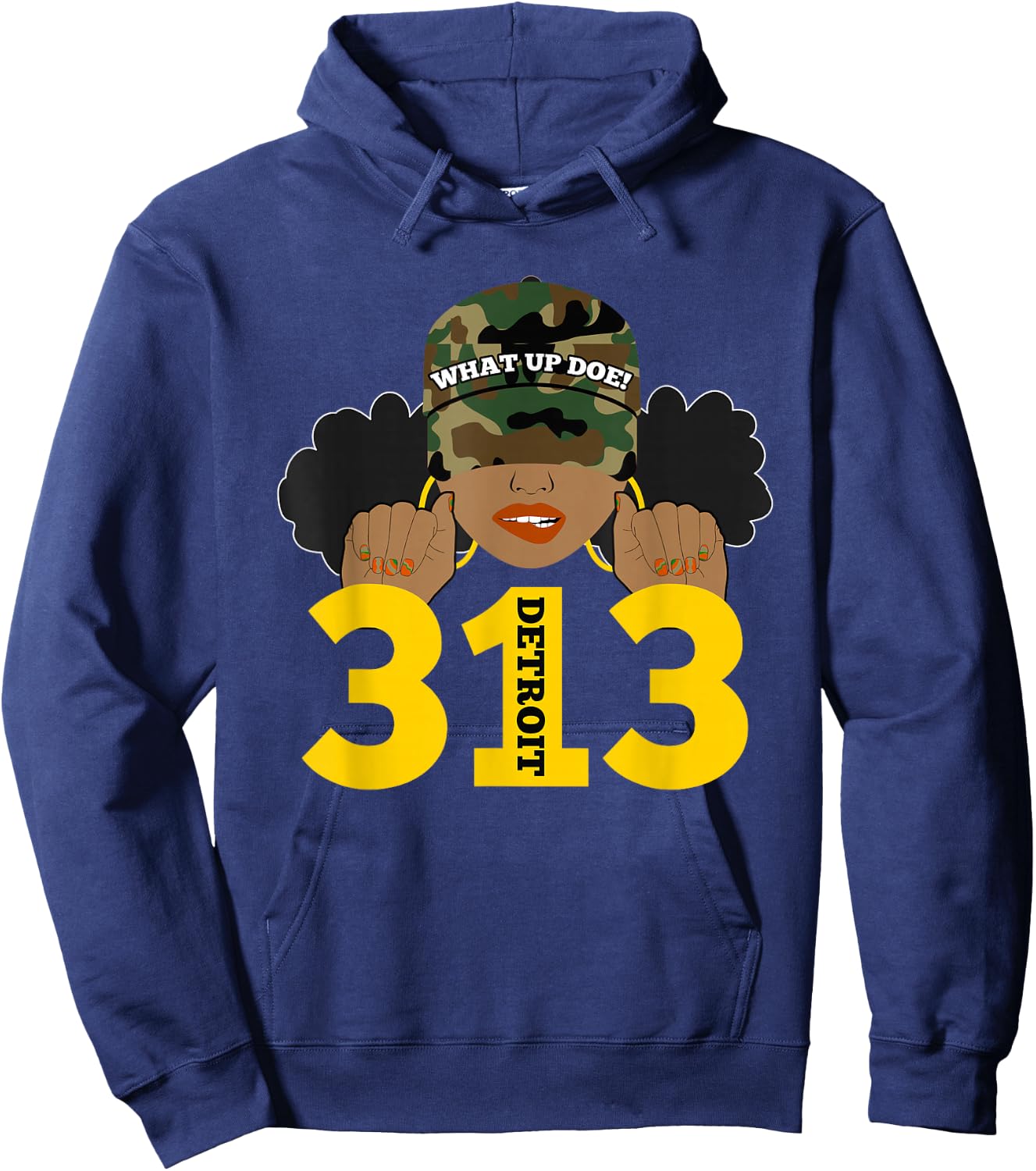 What Up Doe 313 Detroit Black Woman Camo Afro Puffs Hoodie - Hoodie | Navy