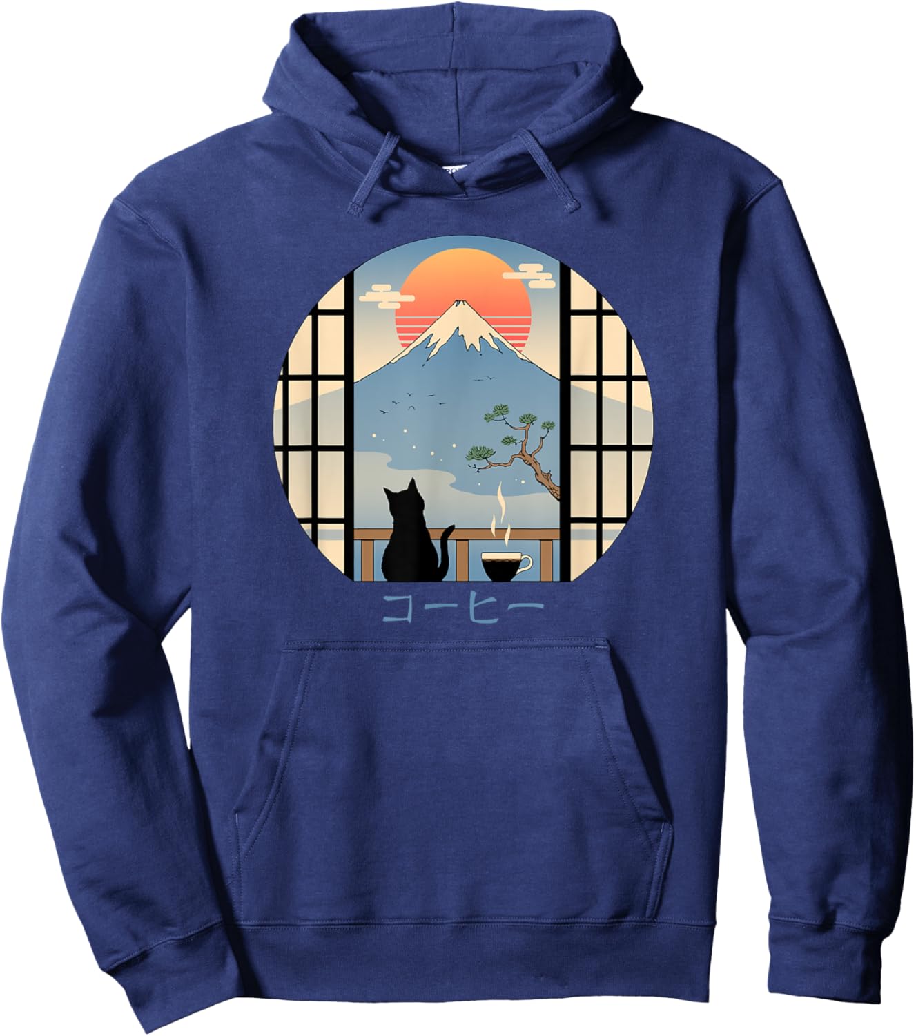 Coffee Cat in Mt. Fuji Hoodie - Hoodie | Navy