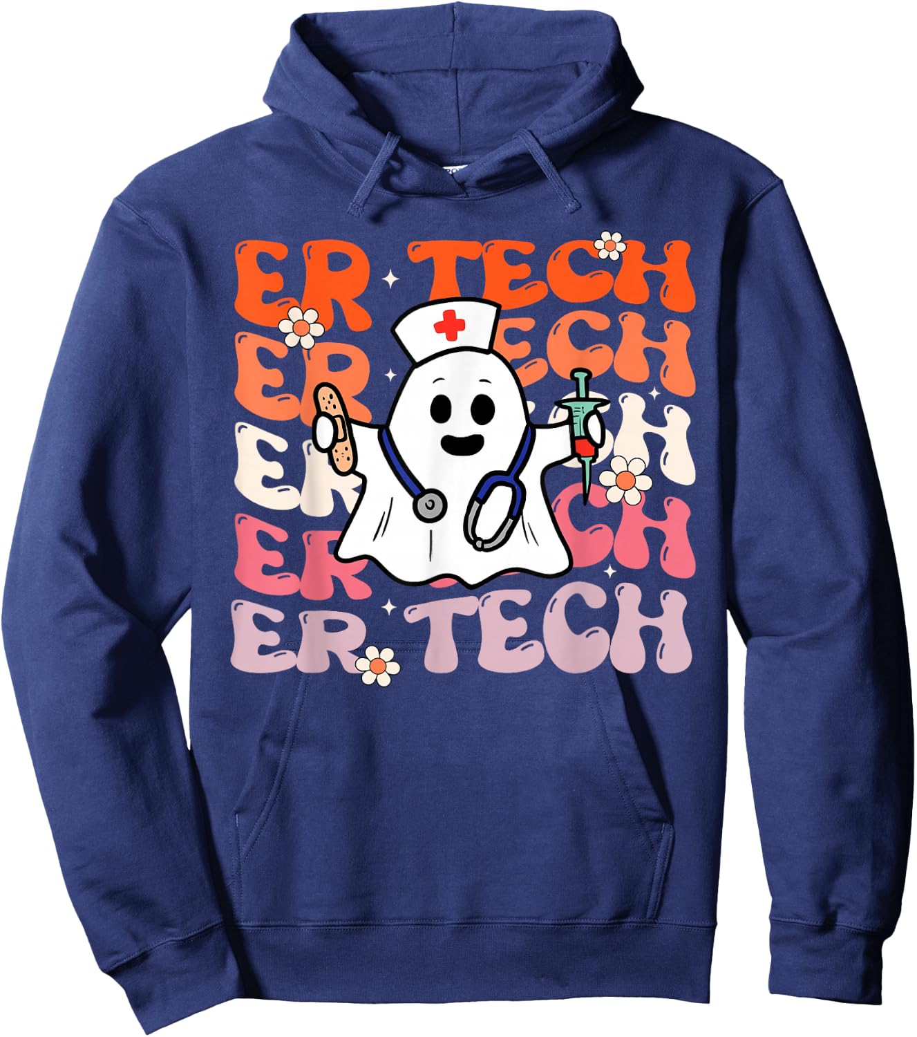 ER Tech Groovy Funny Halloween Ghost Nursing Spooky Costume Hoodie - Hoodie | Navy
