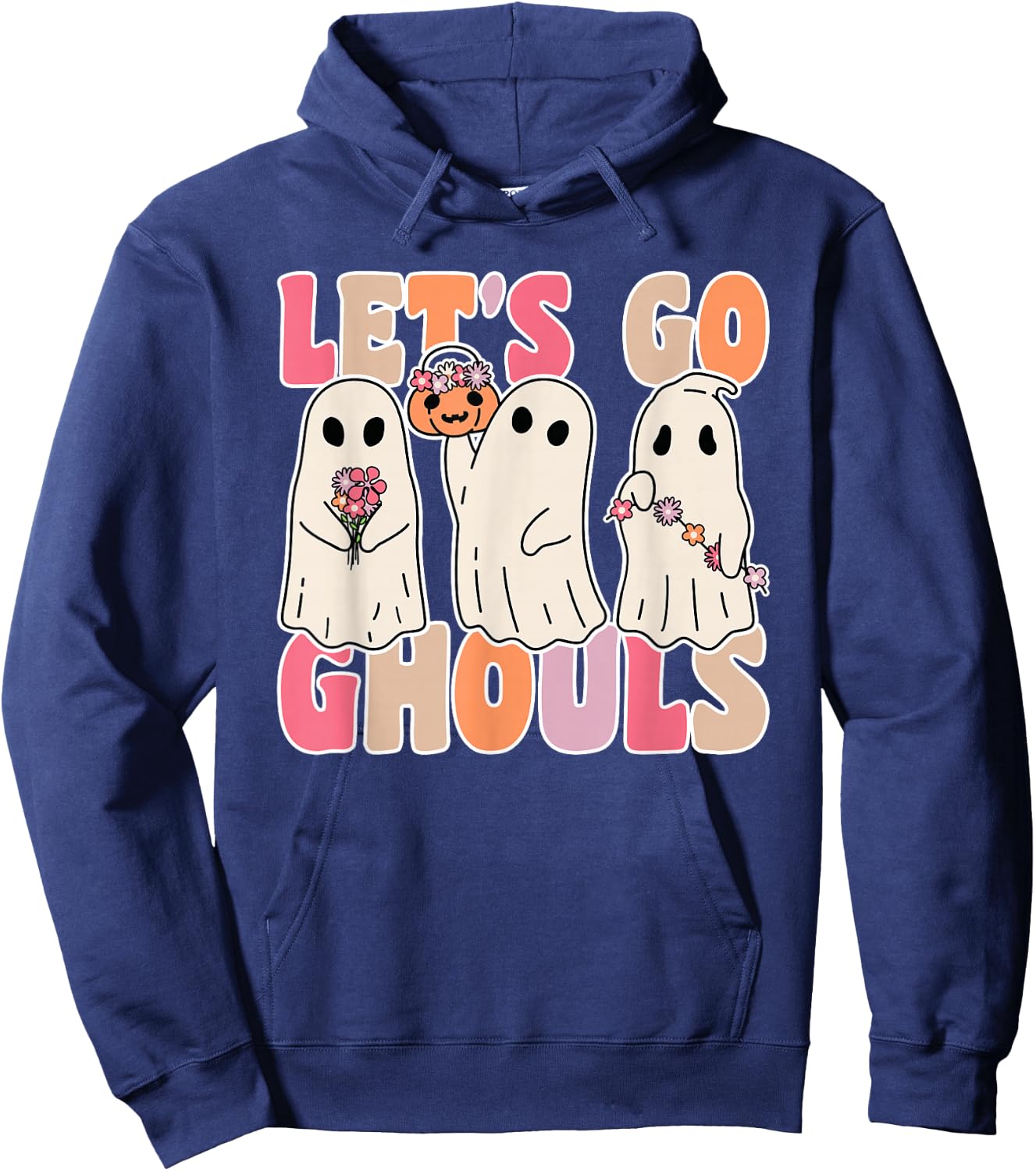 Let's Go Ghouls Groovy Ghost With Vintage Flowers Halloween Hoodie - Hoodie | Navy