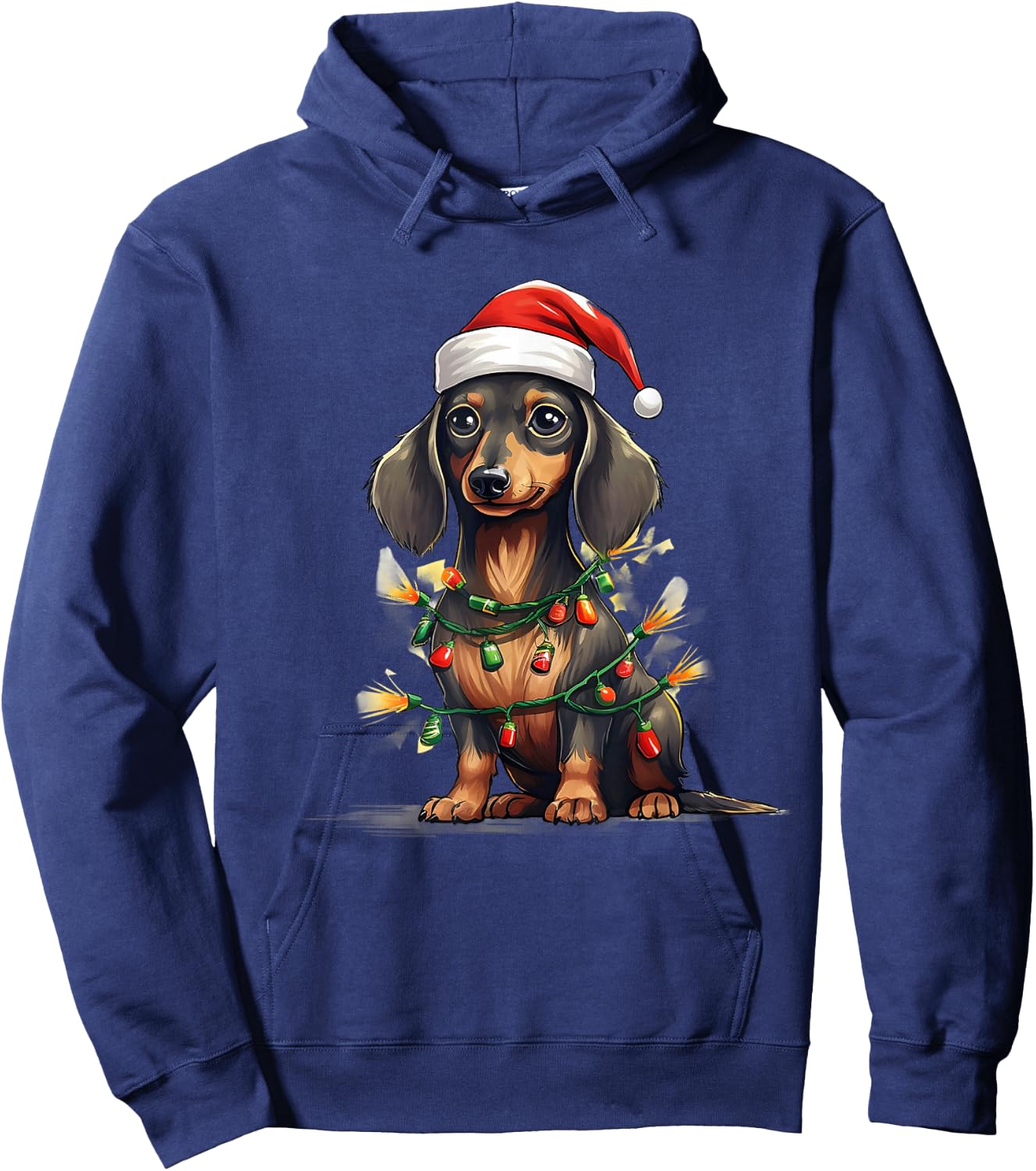 Merry Christmas Dachshund Santa Hat Lights Xmas Men Women Hoodie - Hoodie | Navy