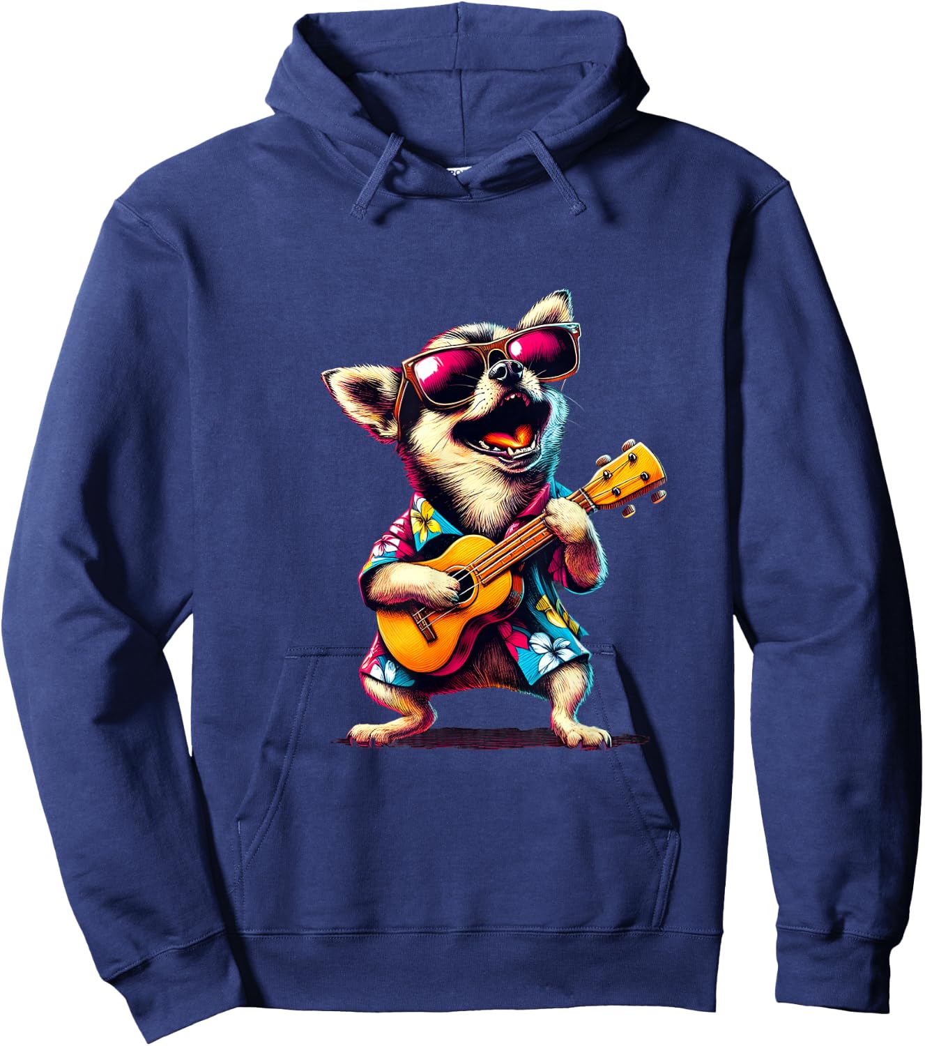 Chihuahua Wearing a Hawaiian Shirt, Playing a Ukulele Hoodie - Hoodie | Navy