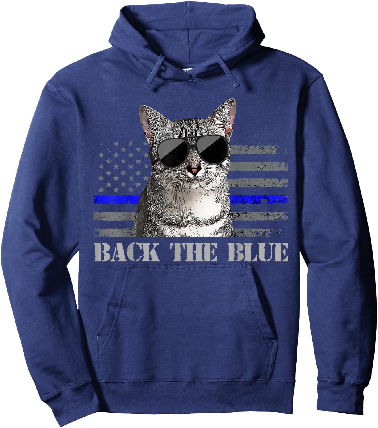 Back the Blue Police Cat Thin Blue Line American Flag Kids Men Hoodie - Hoodie | Navy