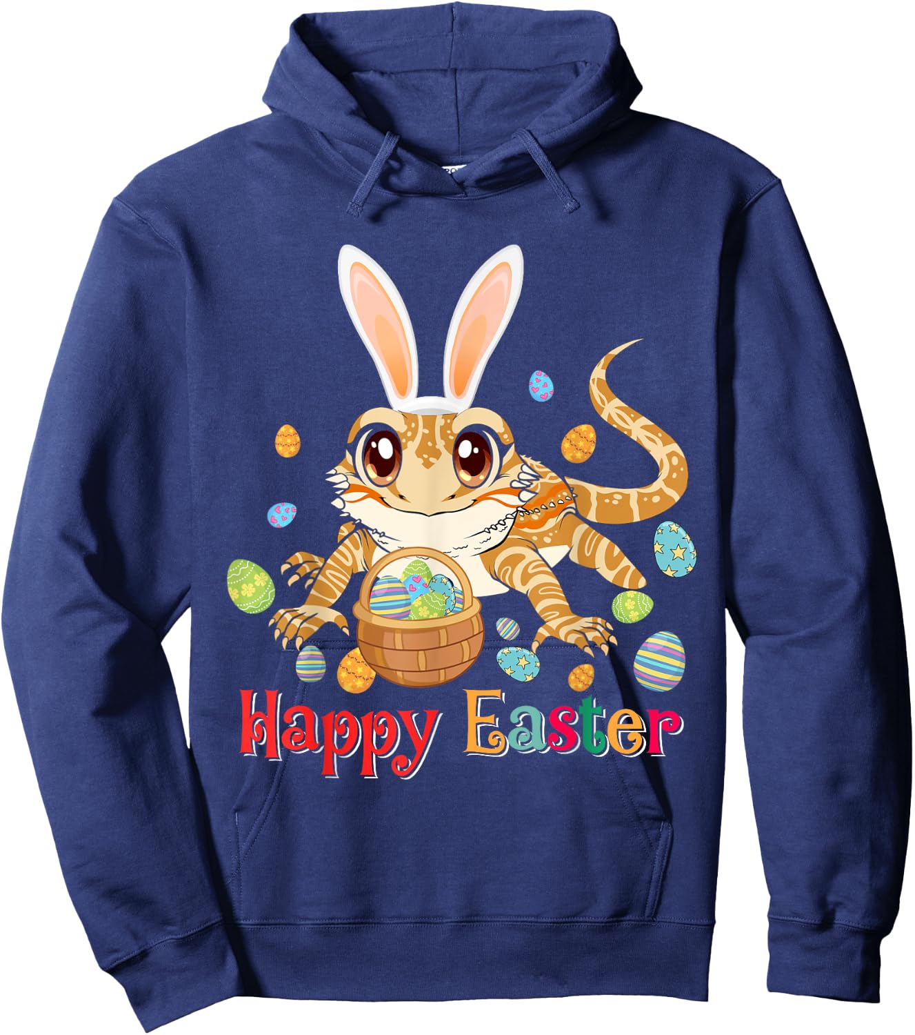 Happy Easter Cute Bunny Bearded Dragon Easter Eggs Basket Hoodie - Hoodie | Navy