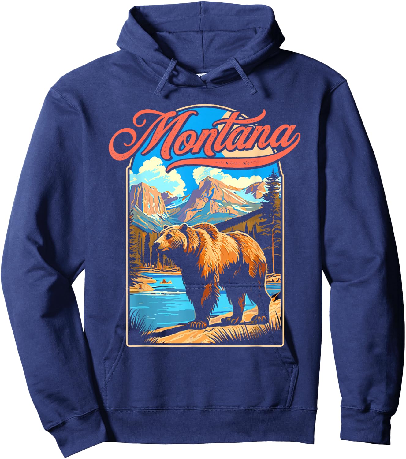 Grizzly Bear & Montana Mountains Vintage 70s Vibe Graphic Hoodie - Hoodie | Navy