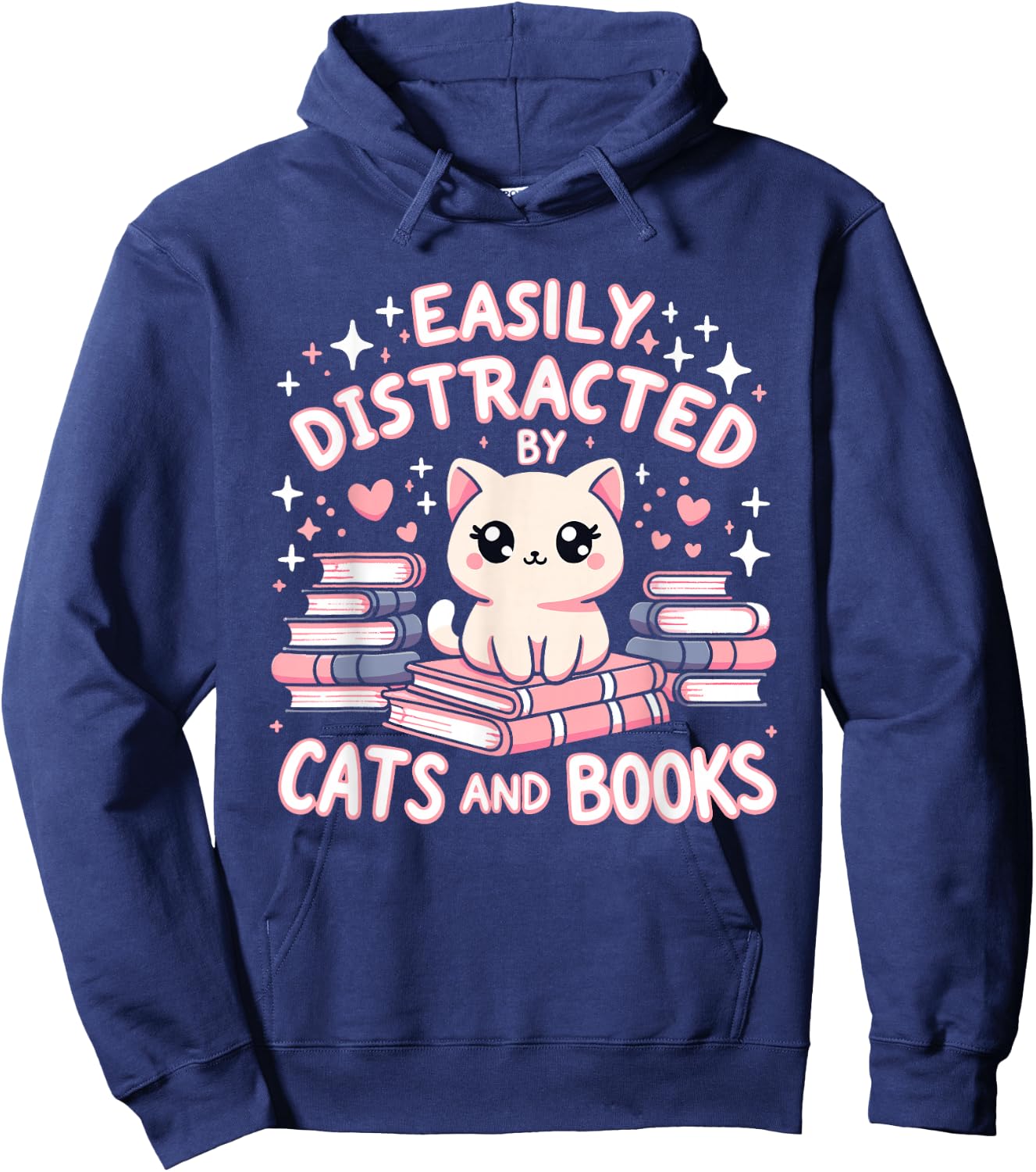 Easily Distracted by Cats and Books Cat Design Girls Hoodie - Hoodie | Navy