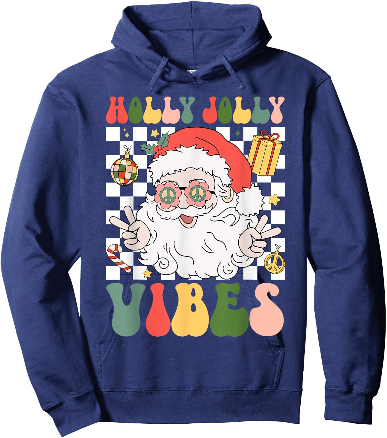 Retro Groovy Holly And Jolly Vibes Peace Santa Xmas Lights Hoodie - Hoodie | Navy