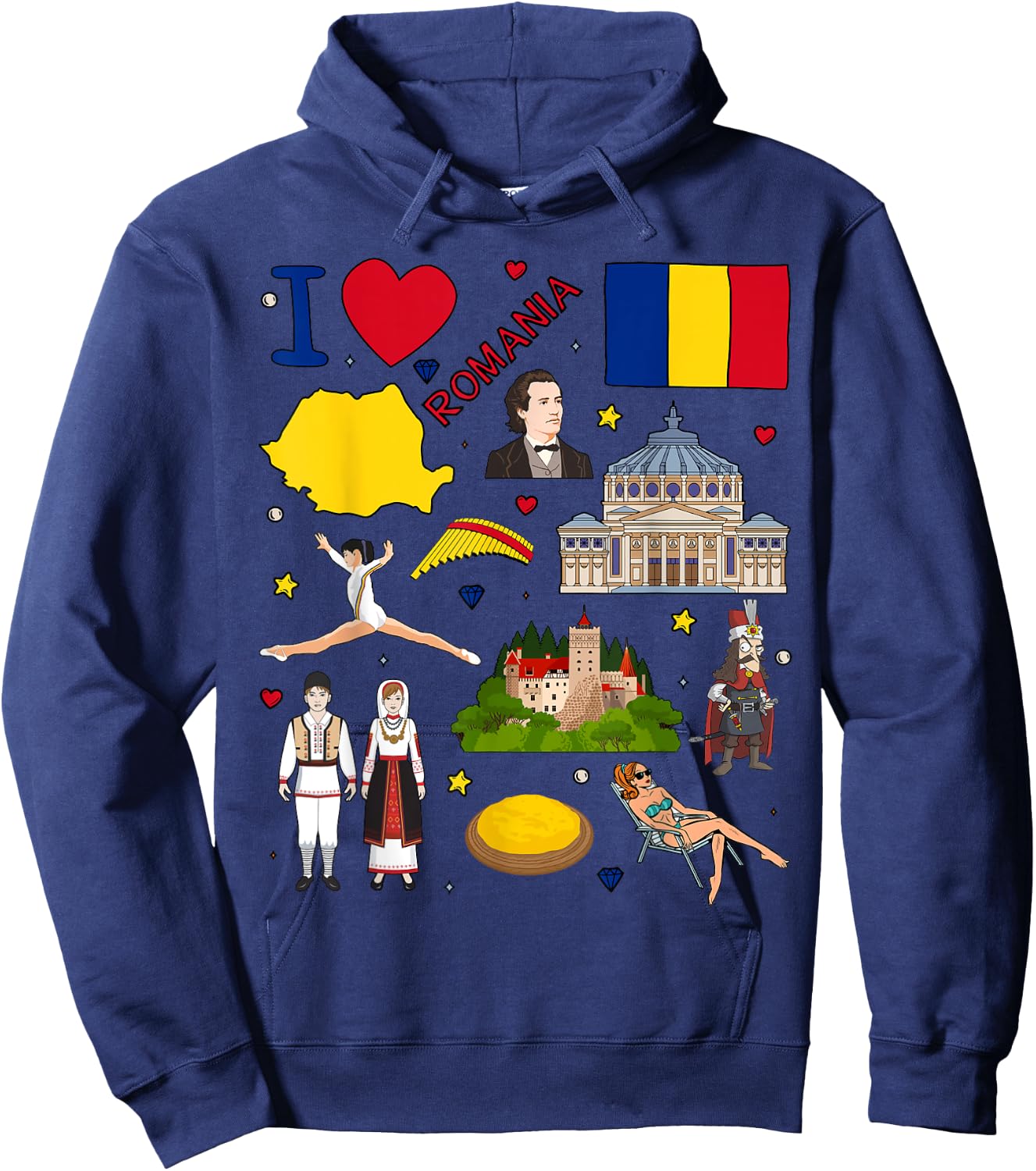 I love Romania. Hand drawn Romanian Landmarks, flag and map Hoodie - Hoodie | Navy