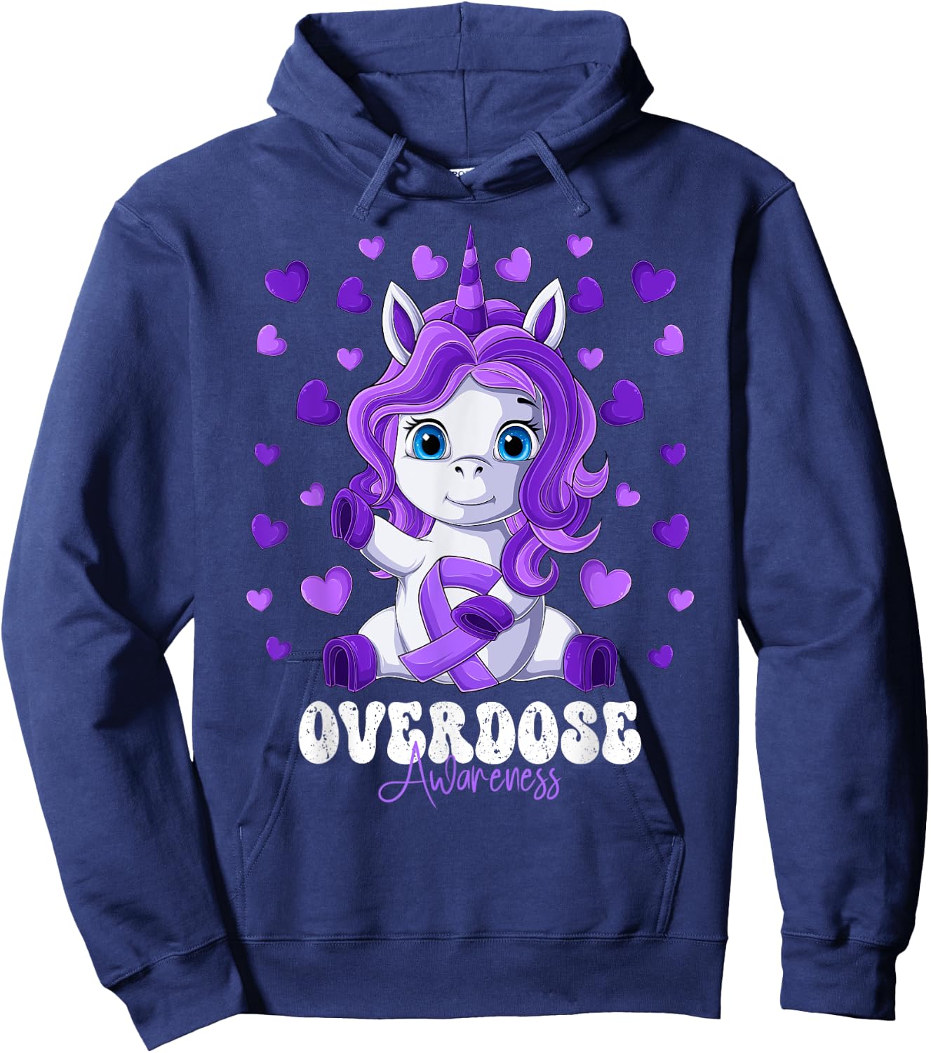 Overdose Awareness Month Purple Ribbon Unicorn Hoodie - Hoodie | Navy