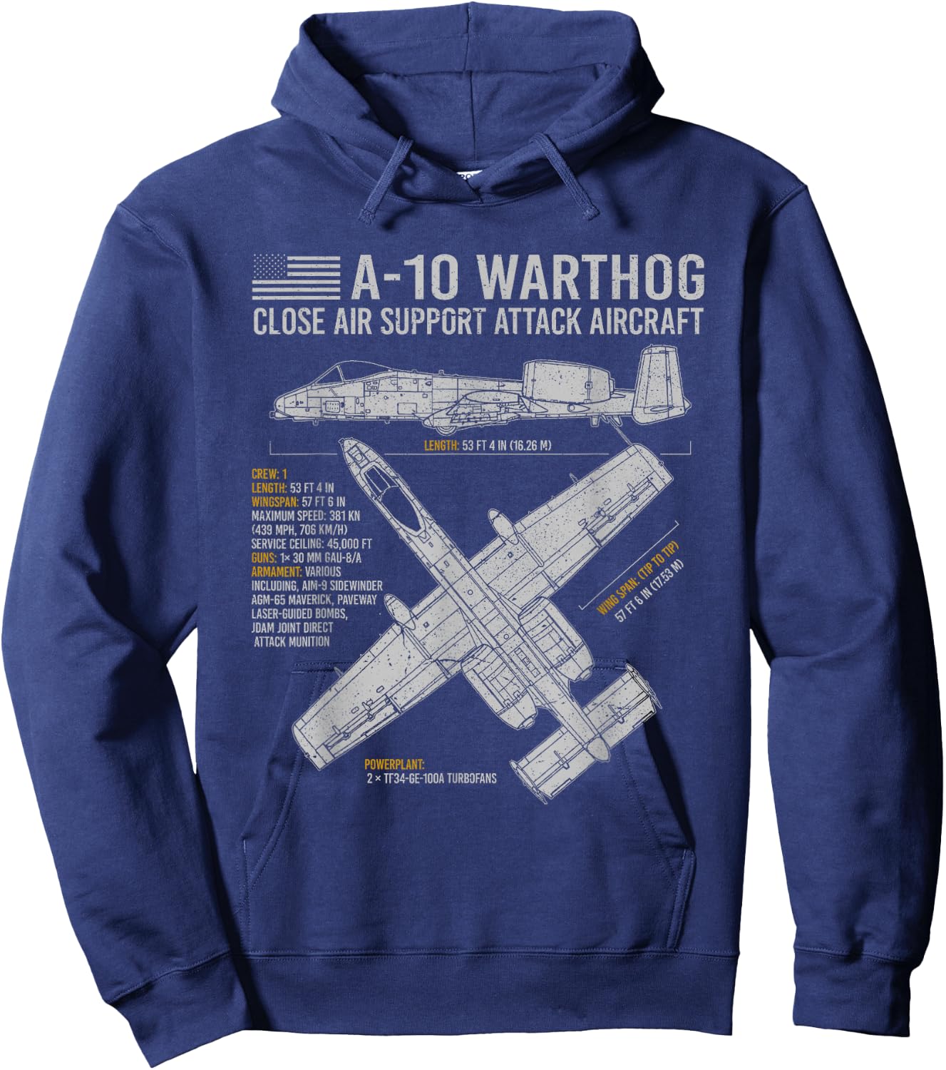 Aviation Geeks Store A-10 Warthog Thunderbolt II Aircraft Airplane Blueprint Fact Hoodie - Hoodie | Navy